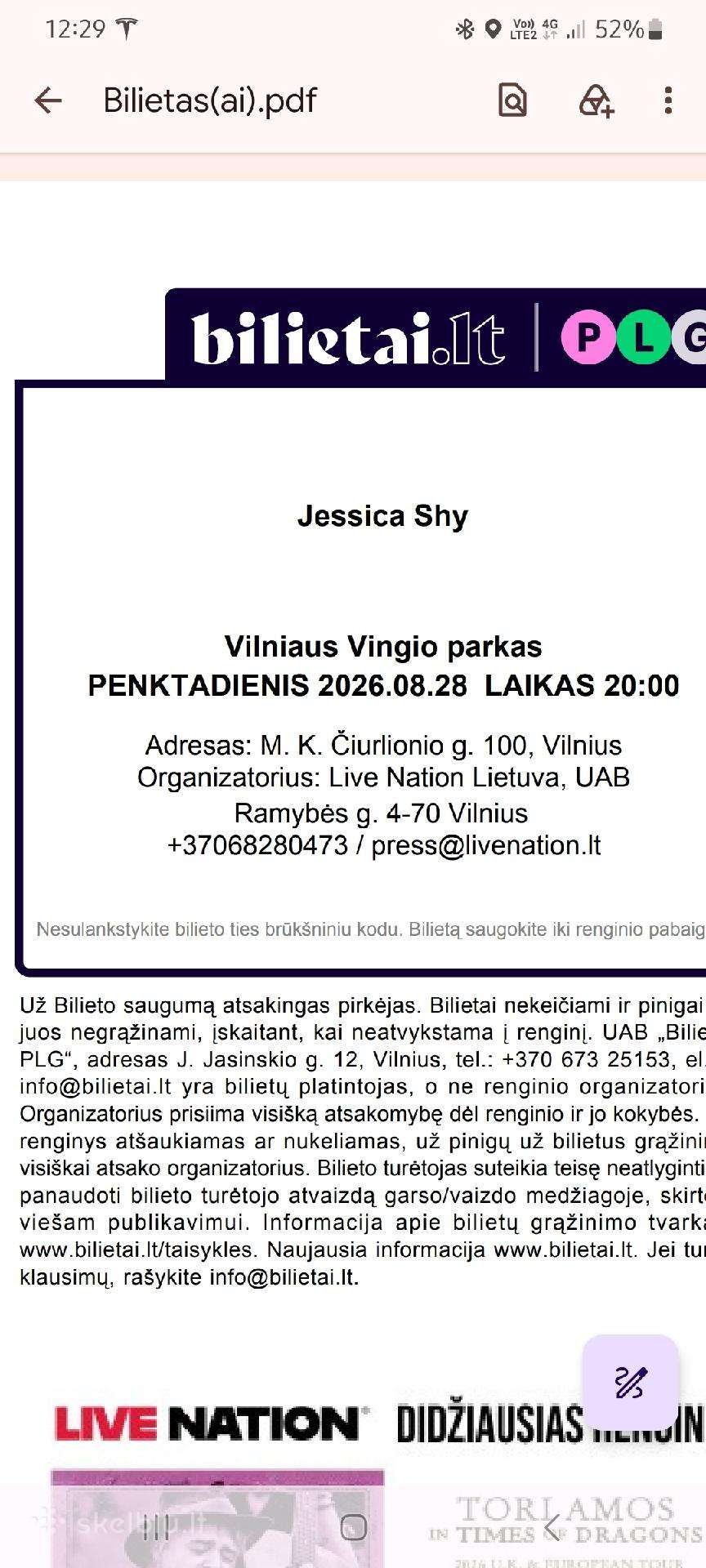 1 bilietas Jessica Shy Vingio parkas 28 d. 55€