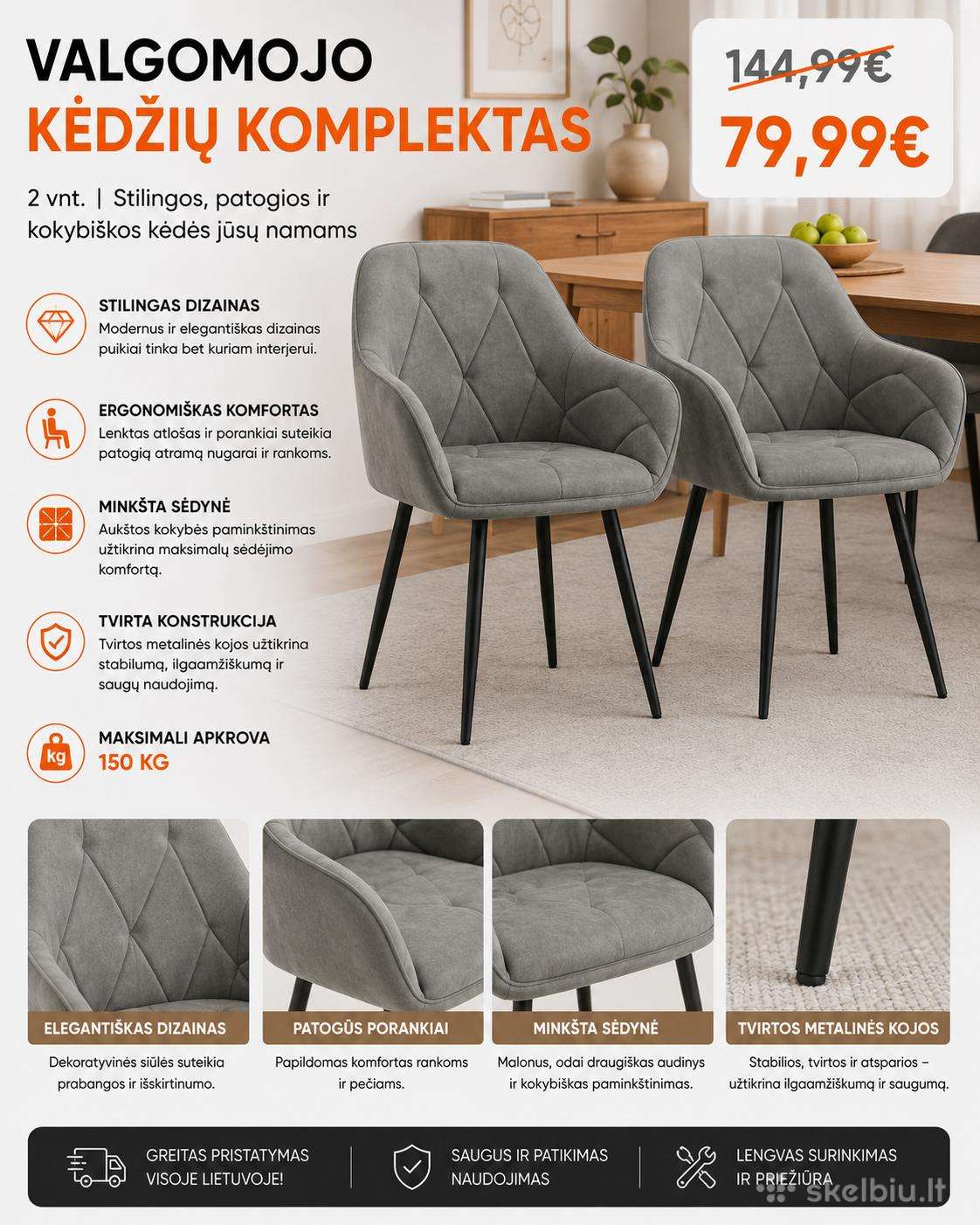 Valgomojo kėdžių komplektas, 2 vnt