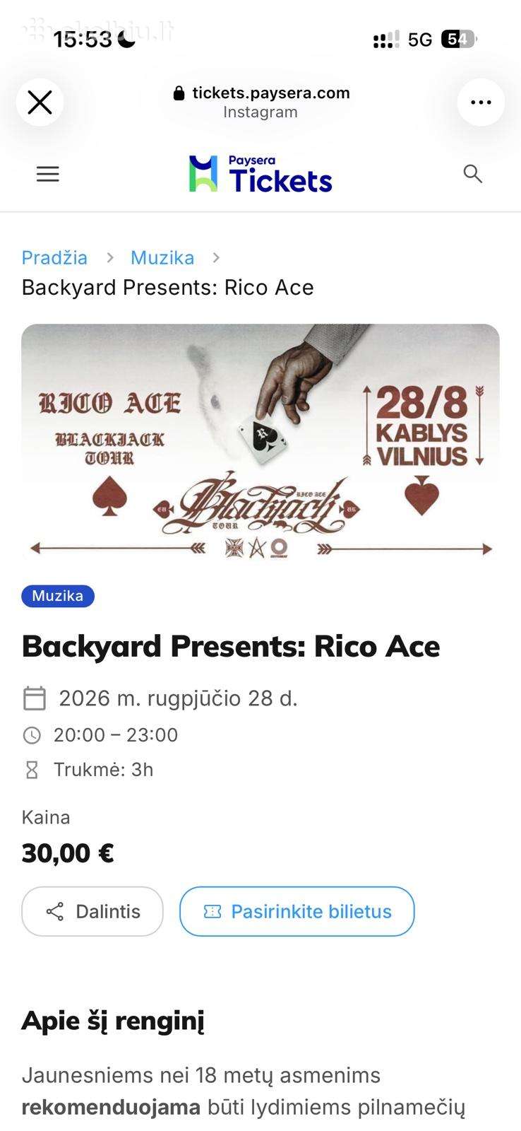 Bilietai 08.28 Rico Ace, 3 vnt. Vilnius, Kablys