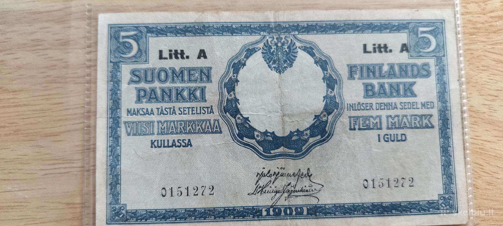 Geros būklės 1909 m. suomiškas 5 markių banknotas
