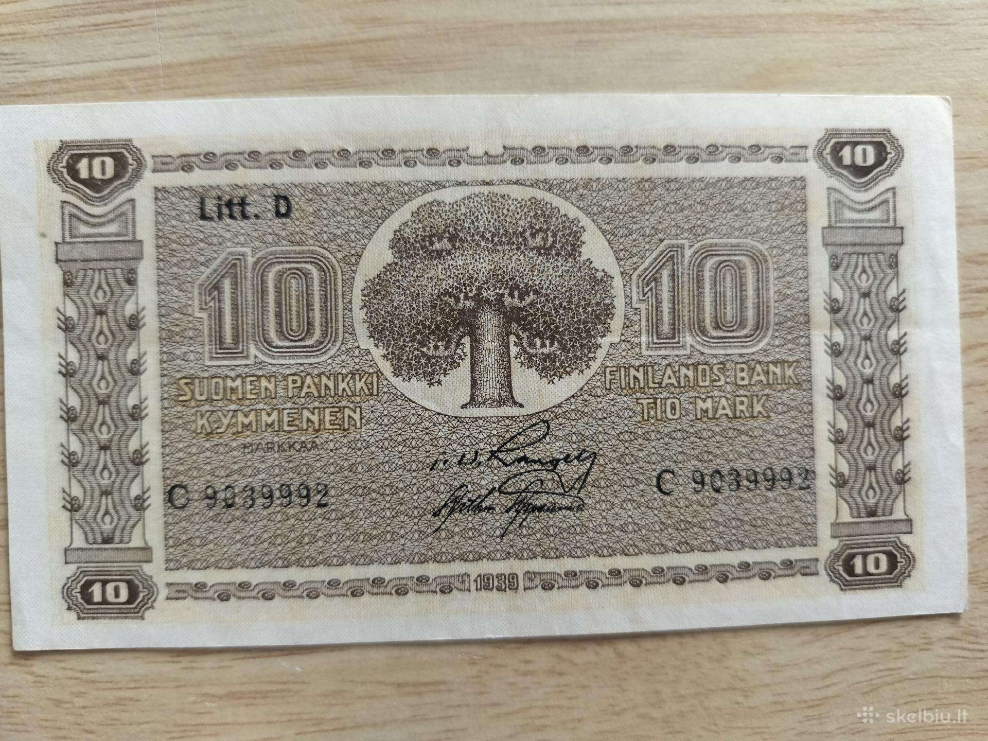 Apunaujas Suomijos banknotas 10 Markkaa 1939 m