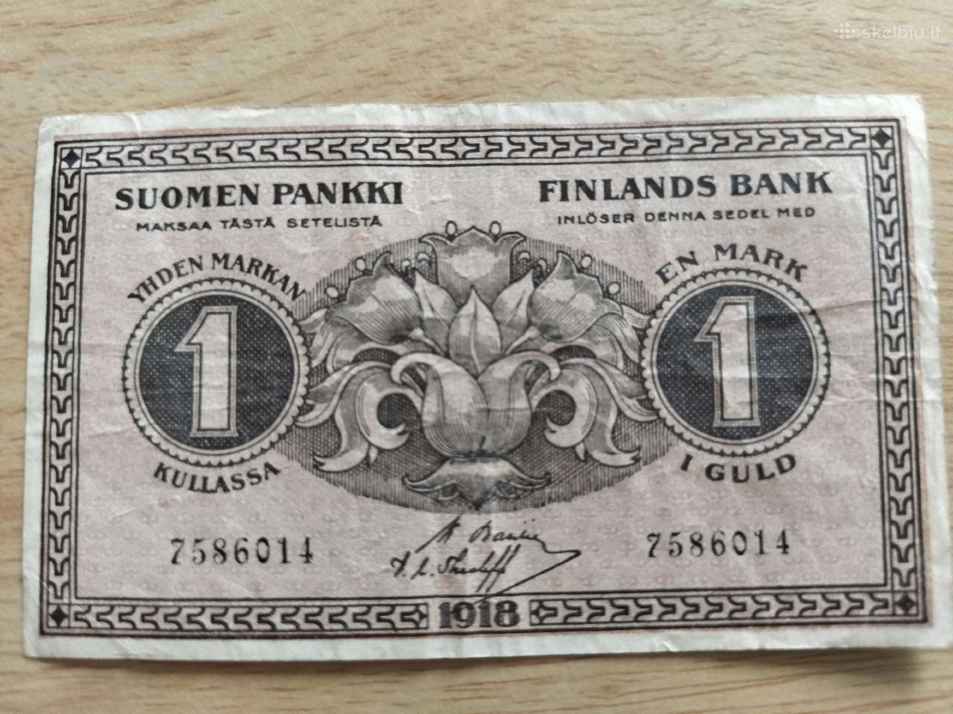 Suomijos banknotas 1 Markkaa 1918 m