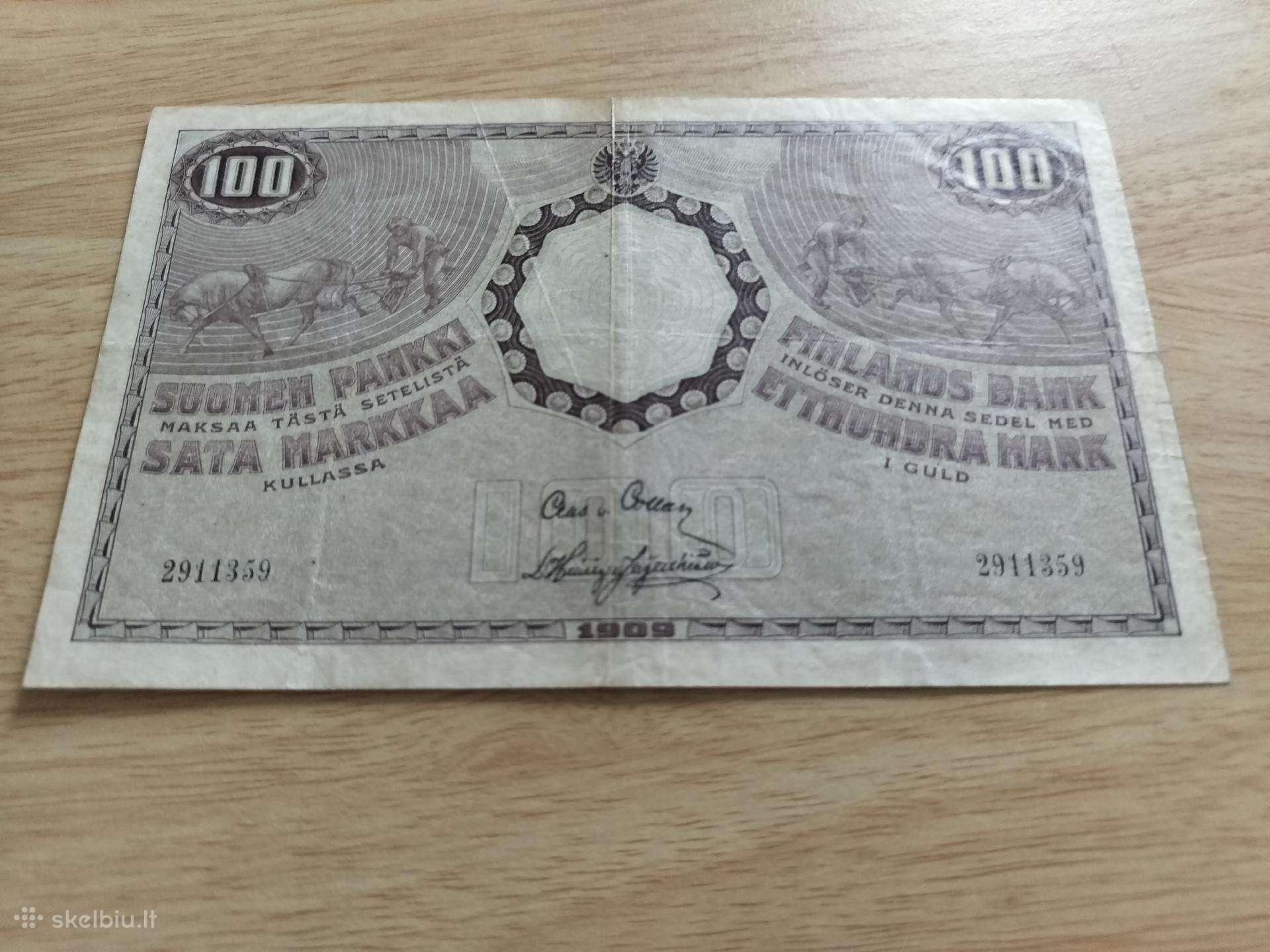 Suomiškas100 markų banknotas 1909 m. Nr. 2911359