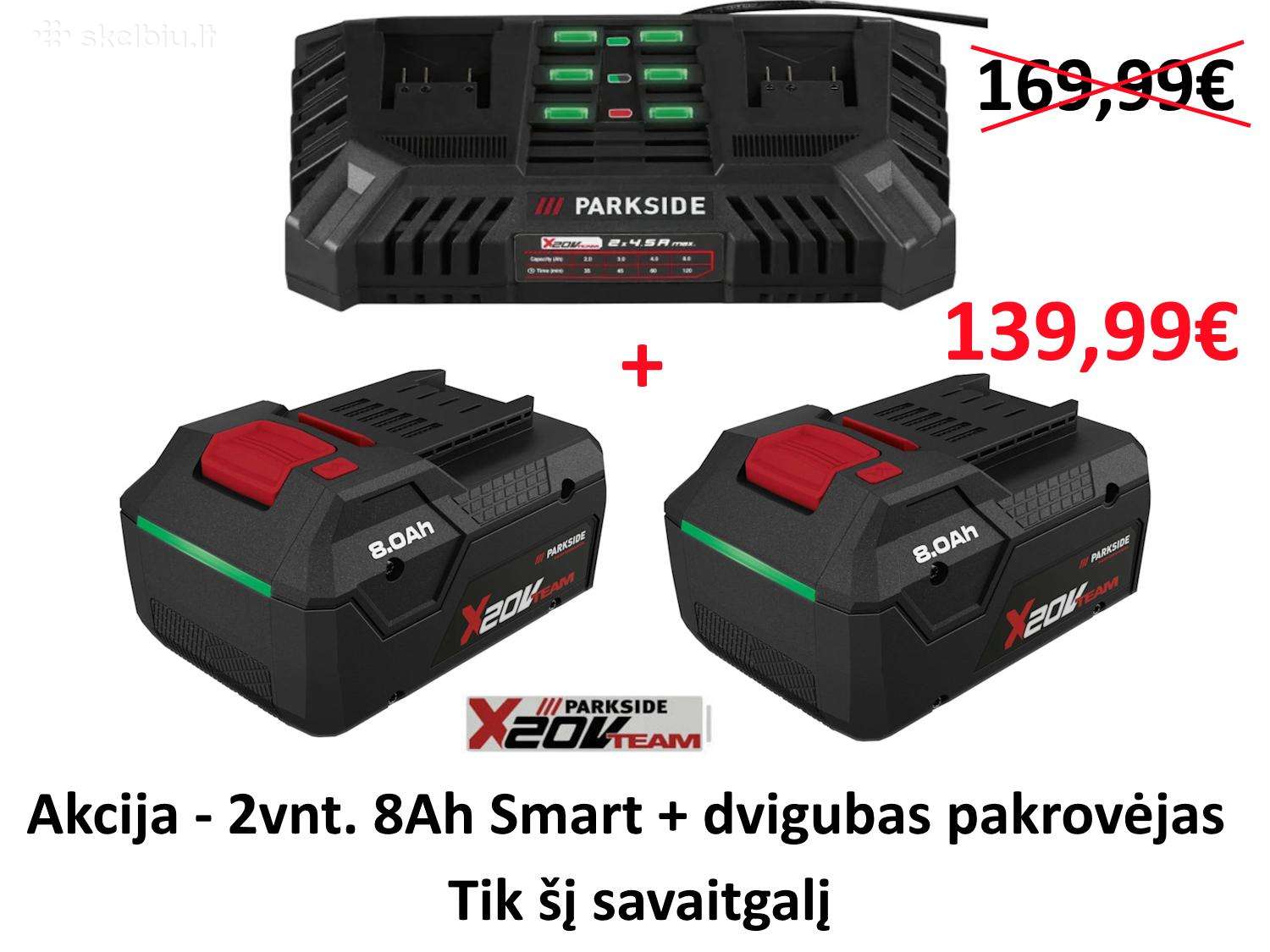 Dvigubas Parkside pakrovėjas + 2 vnt. 8 Ah. akum.