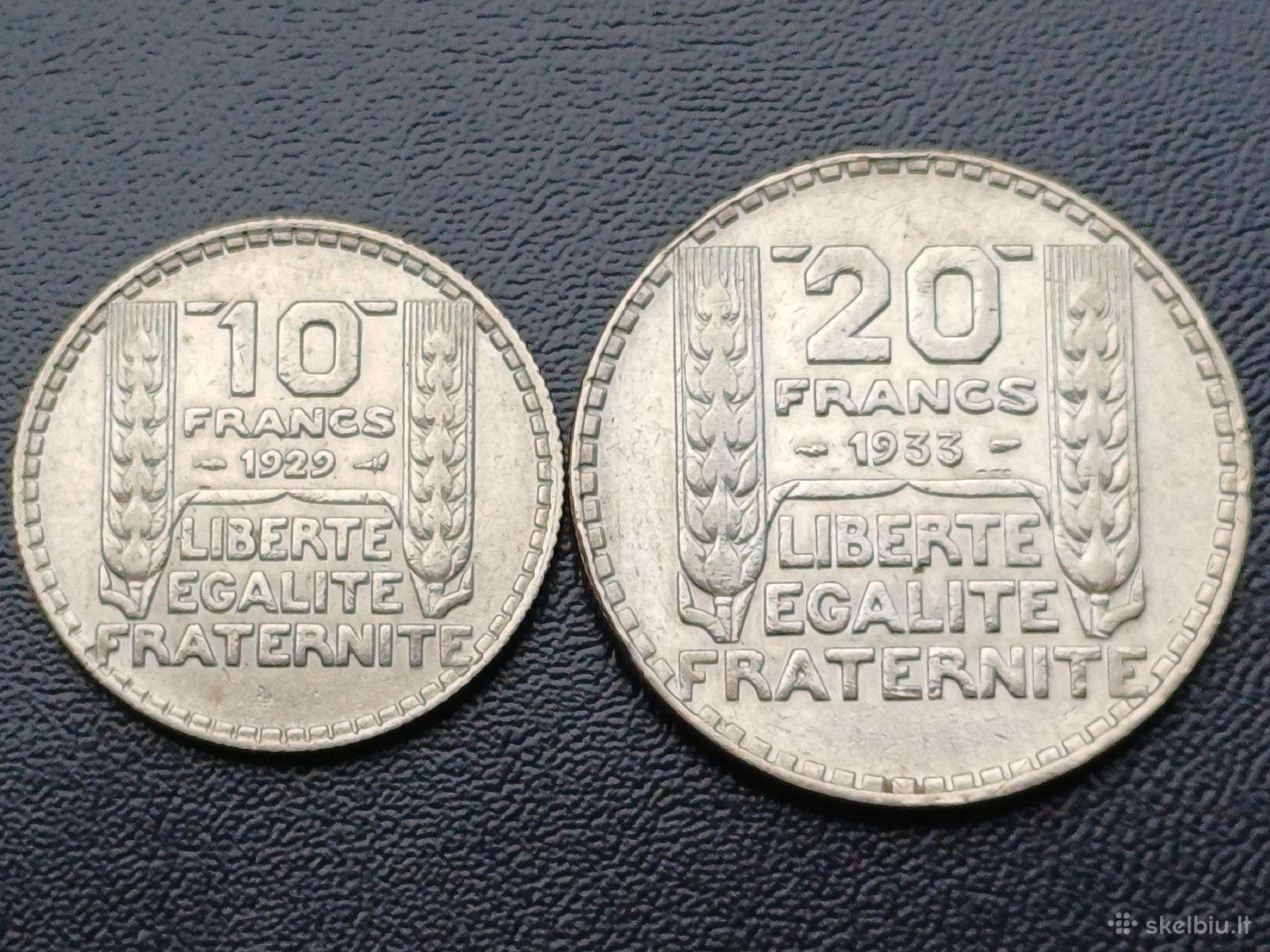 10 ir 20 frankų 1929,33m. Prancūzija sidabras