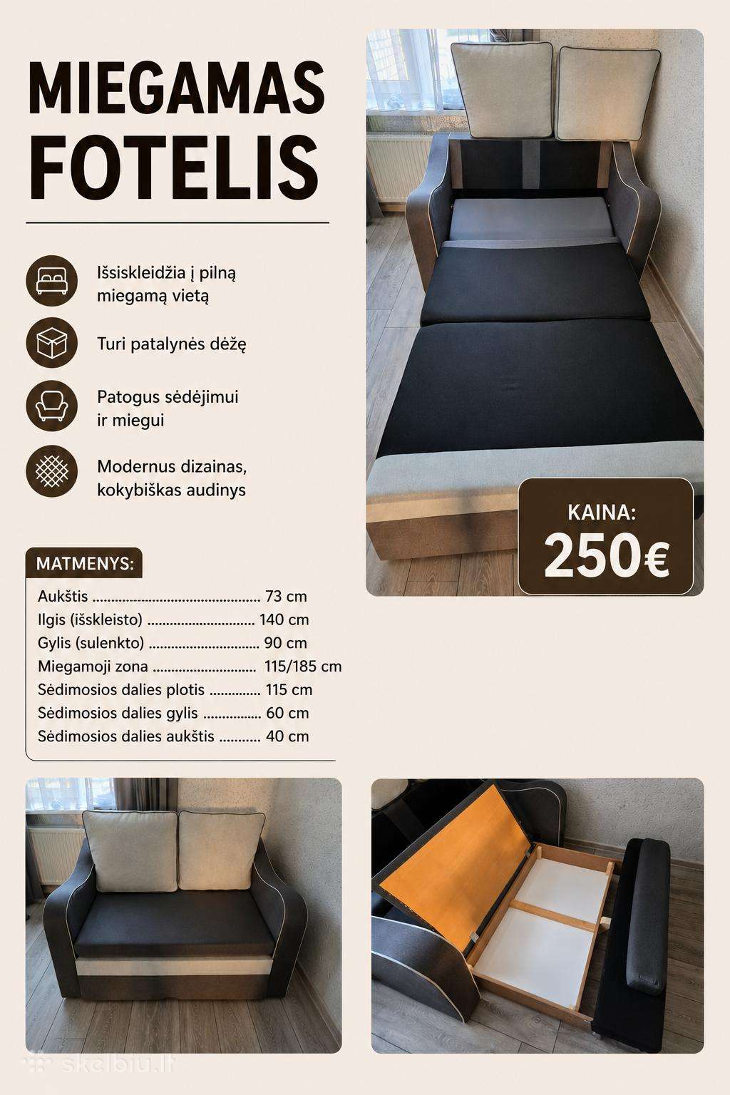Miegamas dvigulis fotelis