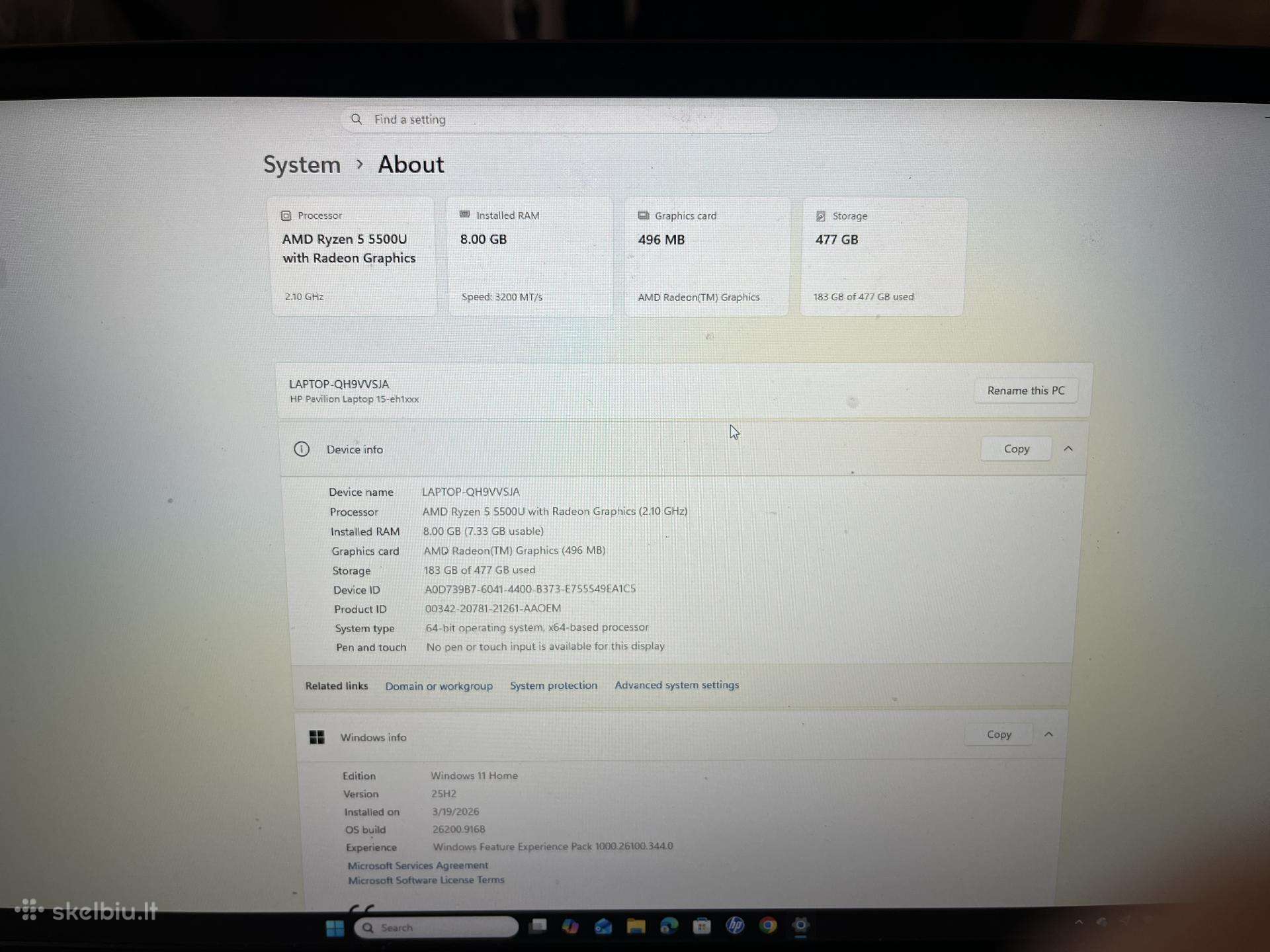 Našus Hp Pavilion 15 Ryzen 5 5500u, 8gb RAM, 512