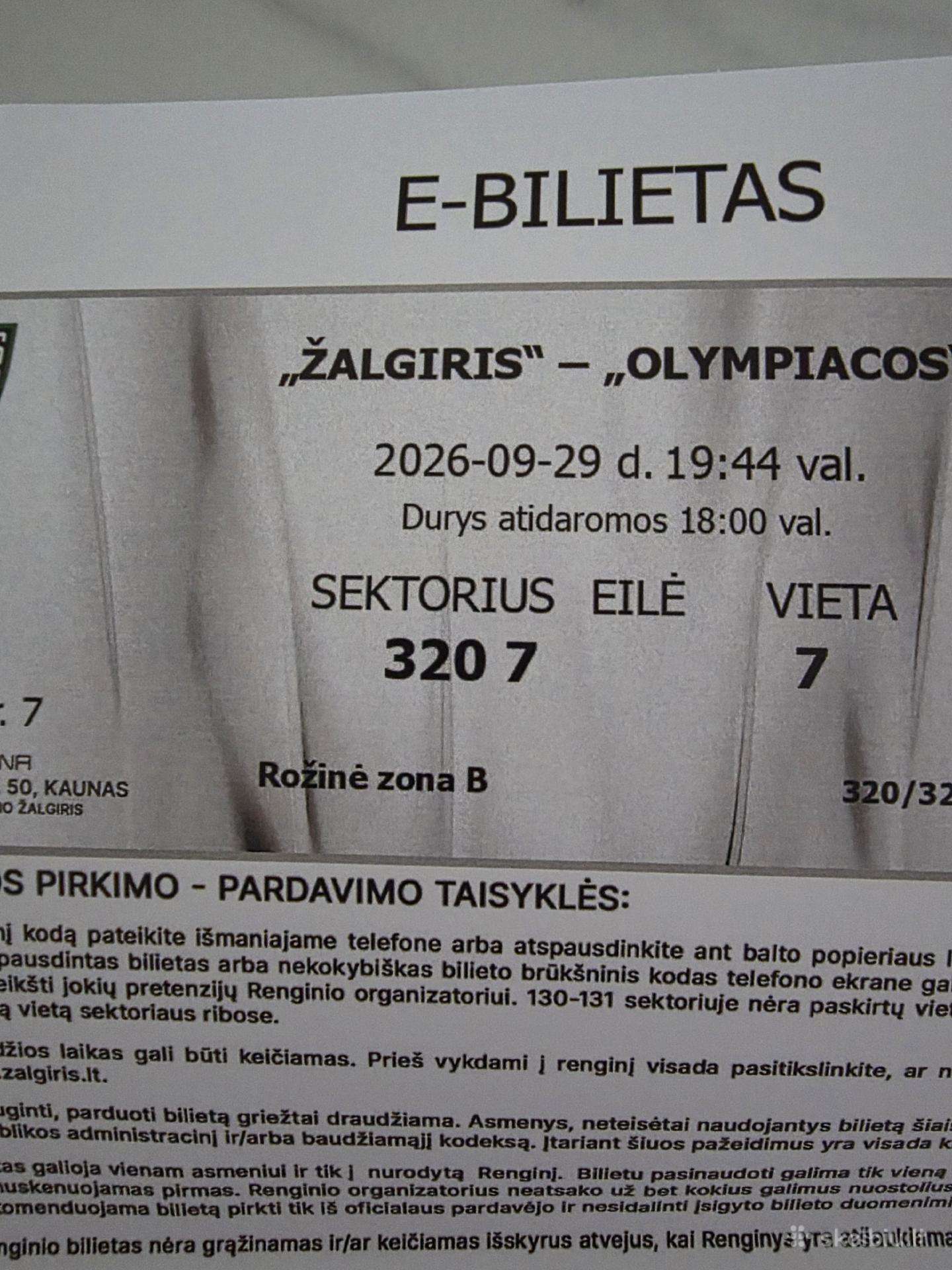6 bilietai Žalgiris - Olimpiacos 09.29