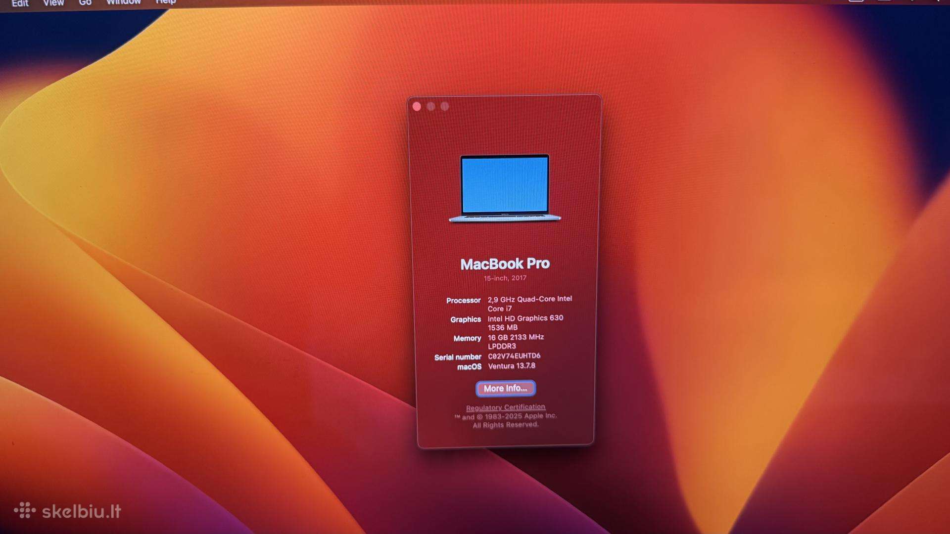 MacBook Pro 15 inch, 2017m, 2,9 GHz Core i7