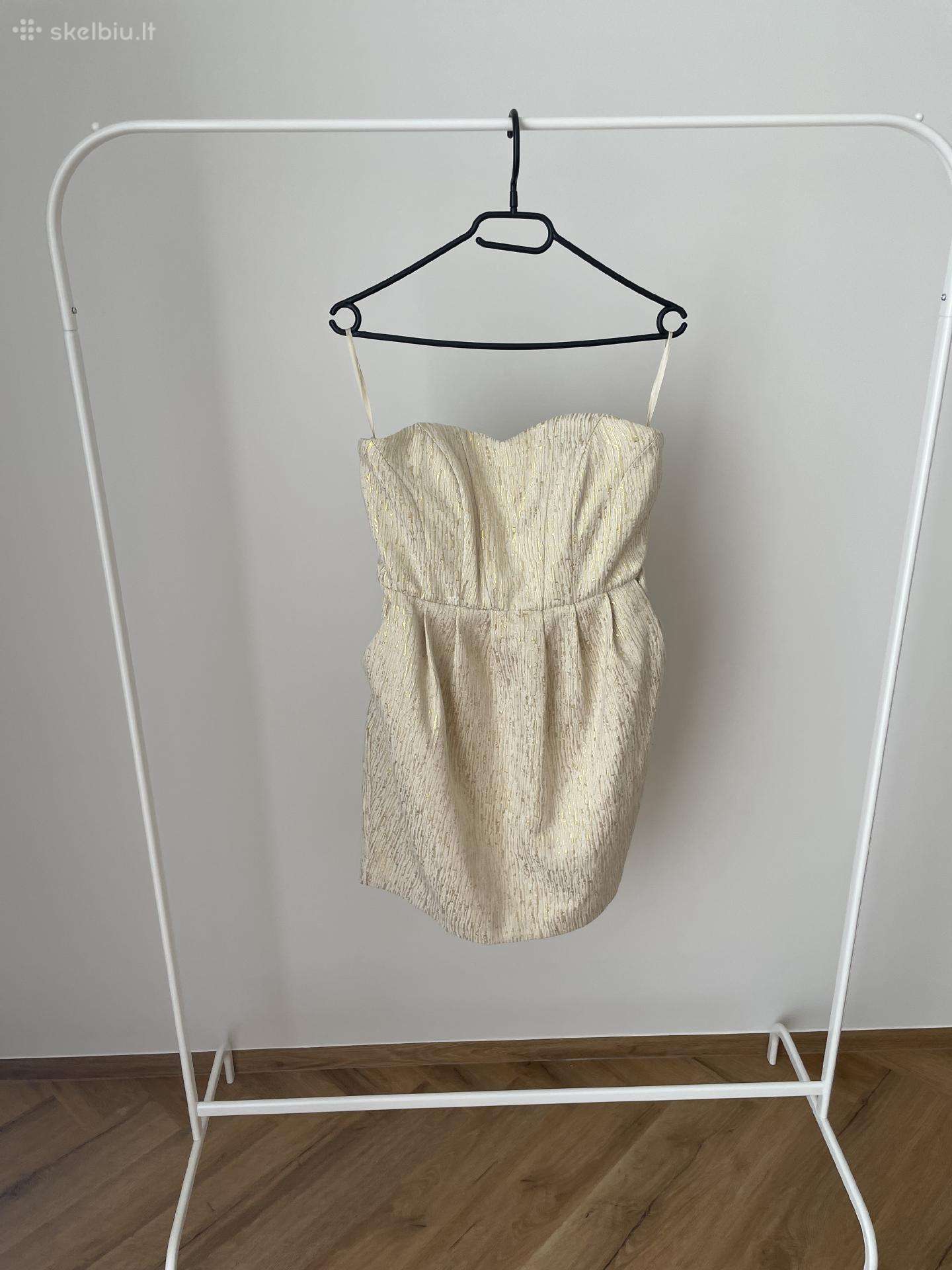 H&m kreminė auksinė proginė suknelė be petnešėlių