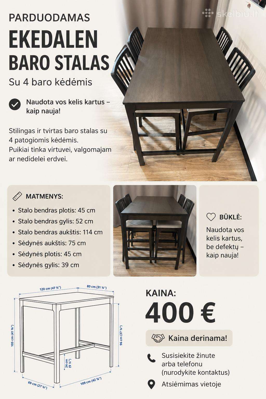 Ekedalen baro stalas ir 4 kėdės