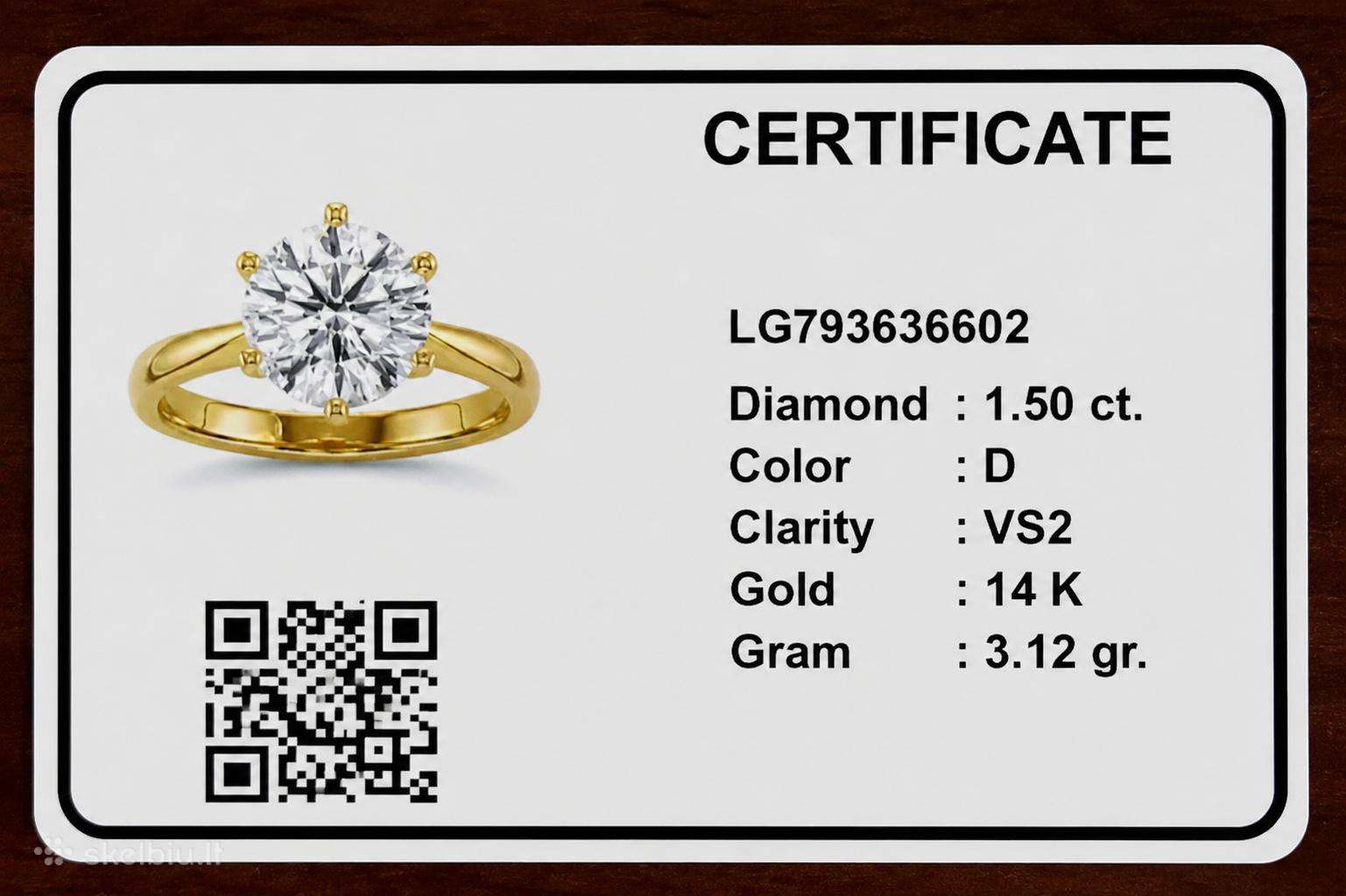 1.50 ct D Vs2 Ideal deimantinis žiedas Igi 14k