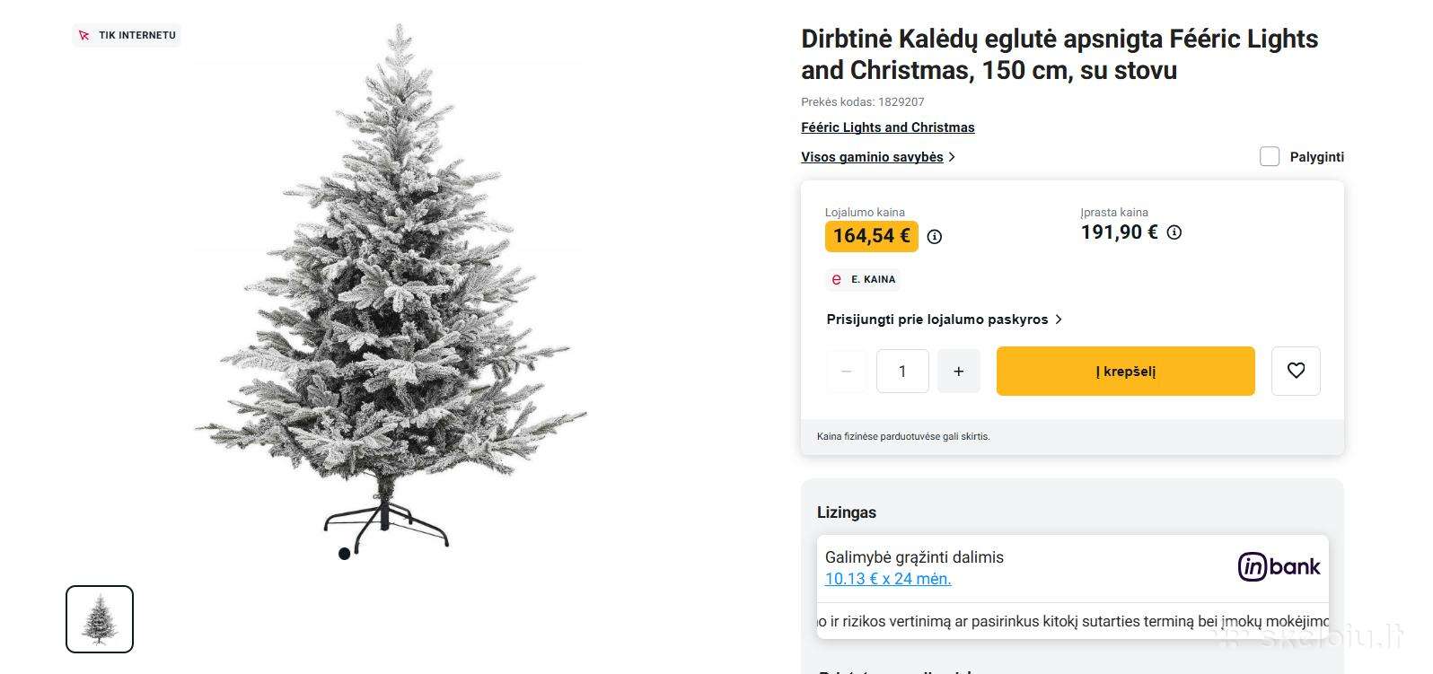 Didelė dirbtinė apsnigta Kalėdų eglutė su dekoraci