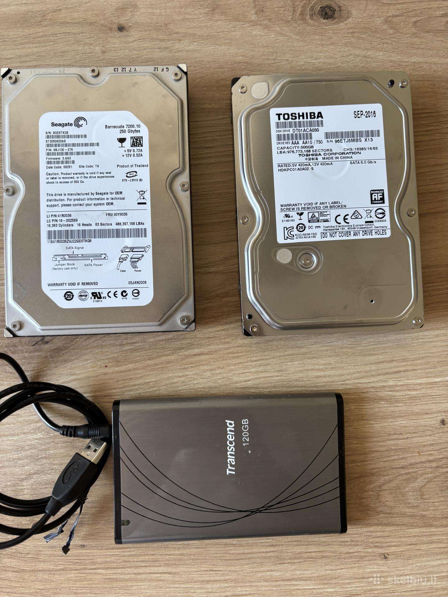 Seagate 250gb, Toshiba 500gb, Transcend 120gb HDD