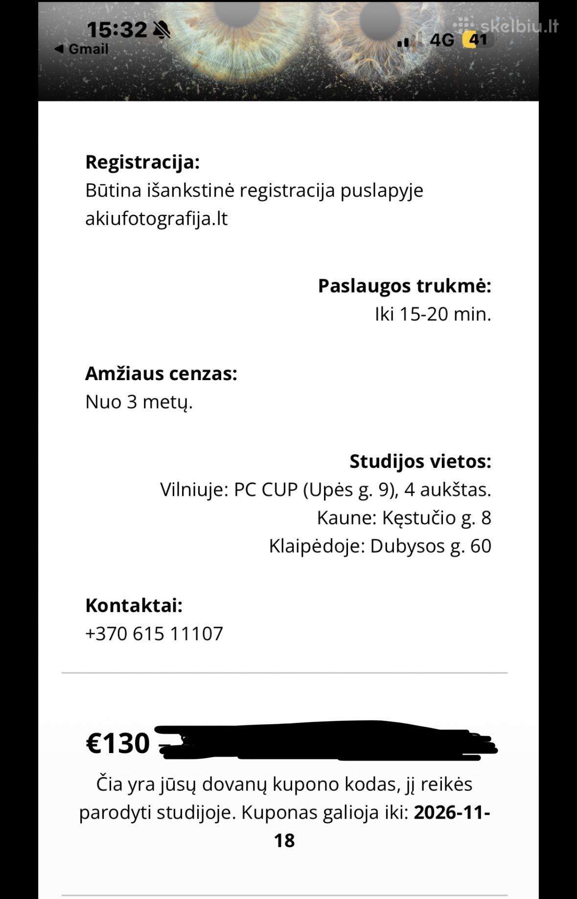 Akių fotografijos kuponas – 130 € vertės