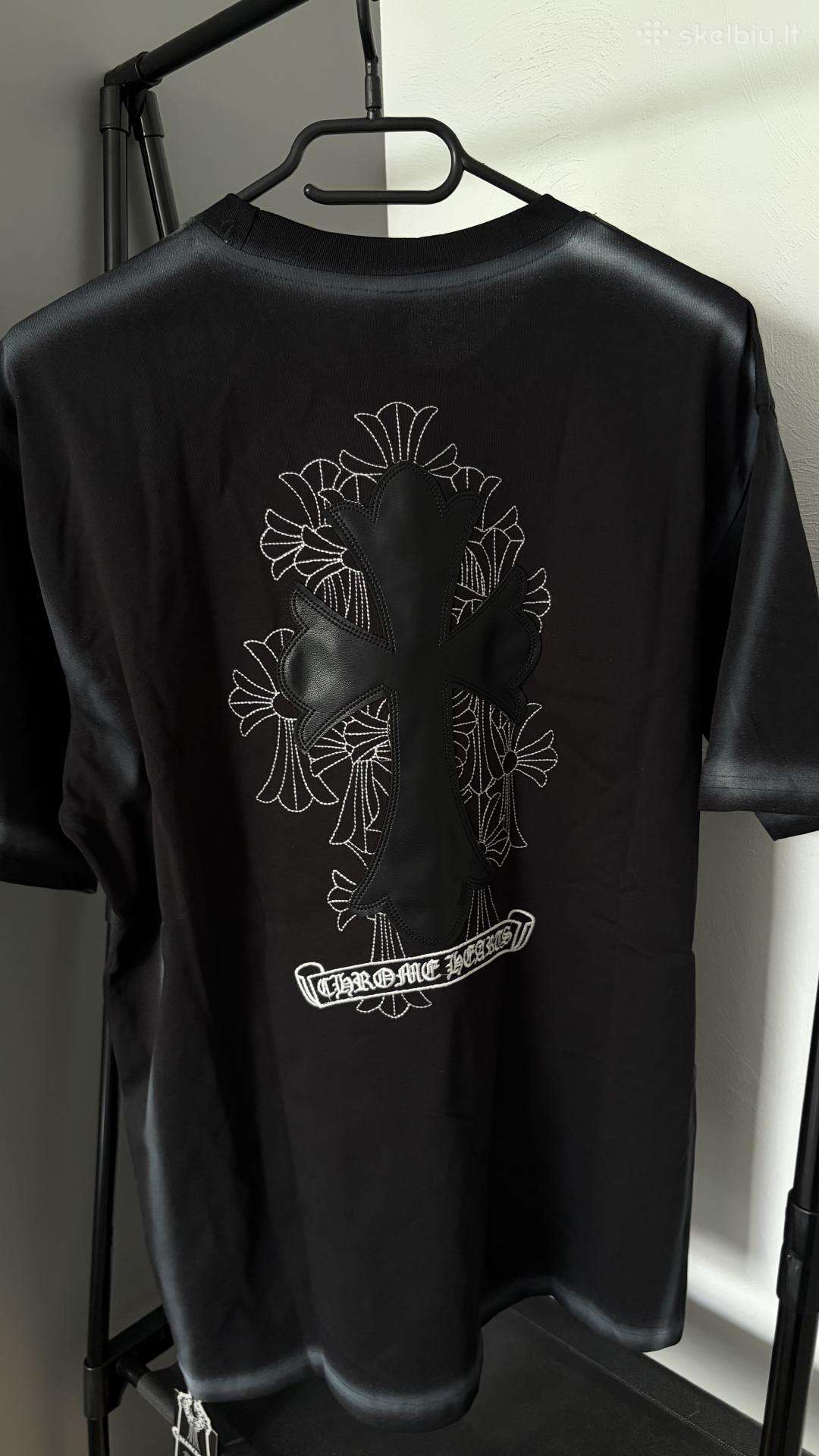 Chrome Hearts juodi marškinėliai su odiniu kryžiau