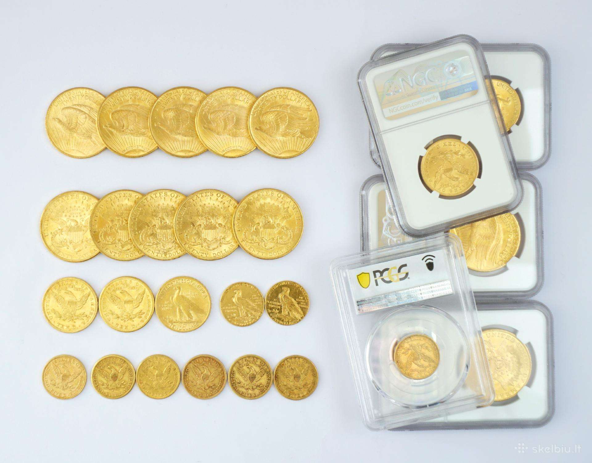 Us 5, 5 (su indėnu), 10, 20 dolerių monetos