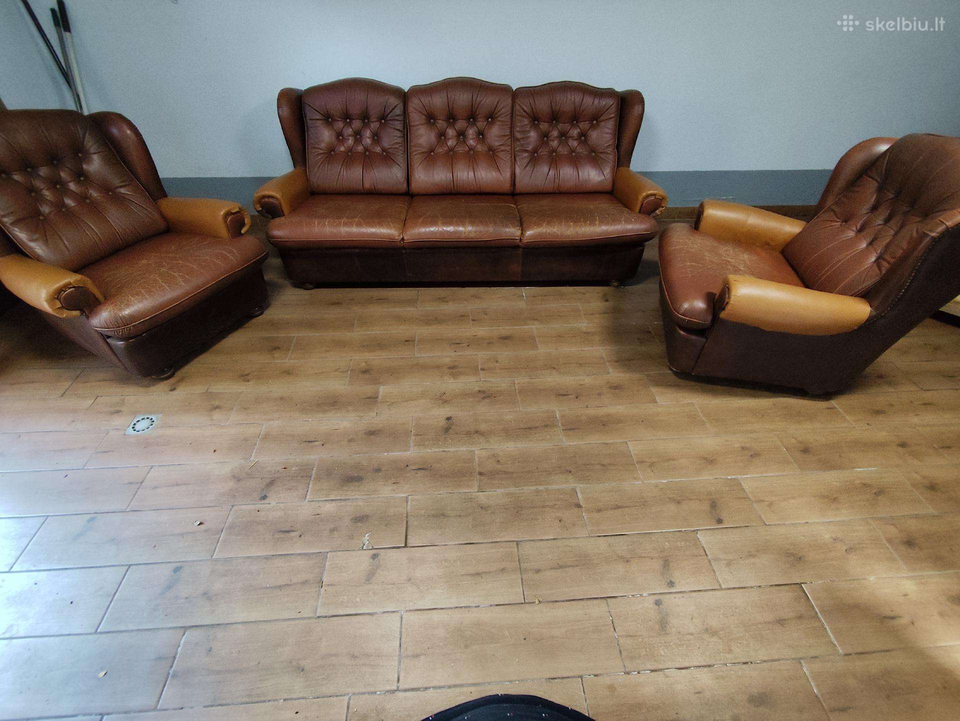 Parduodama odinė naudota sofa ir du foteliai