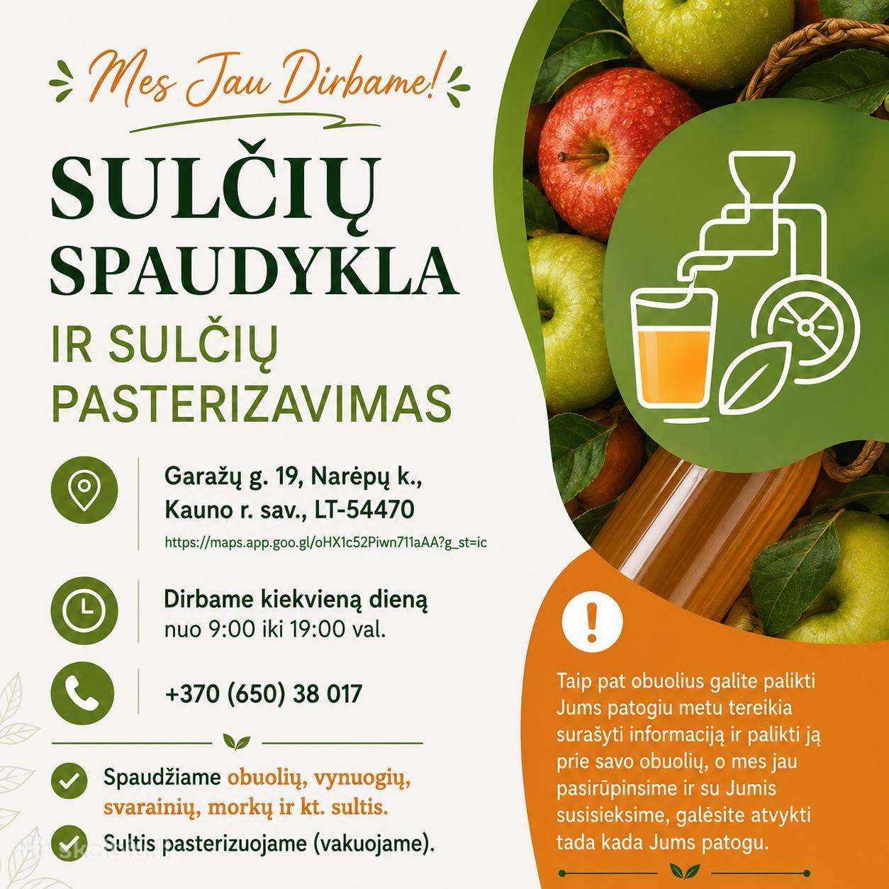 Obuolių sulčių spaudykla! Garažų g. 19, Narėpai