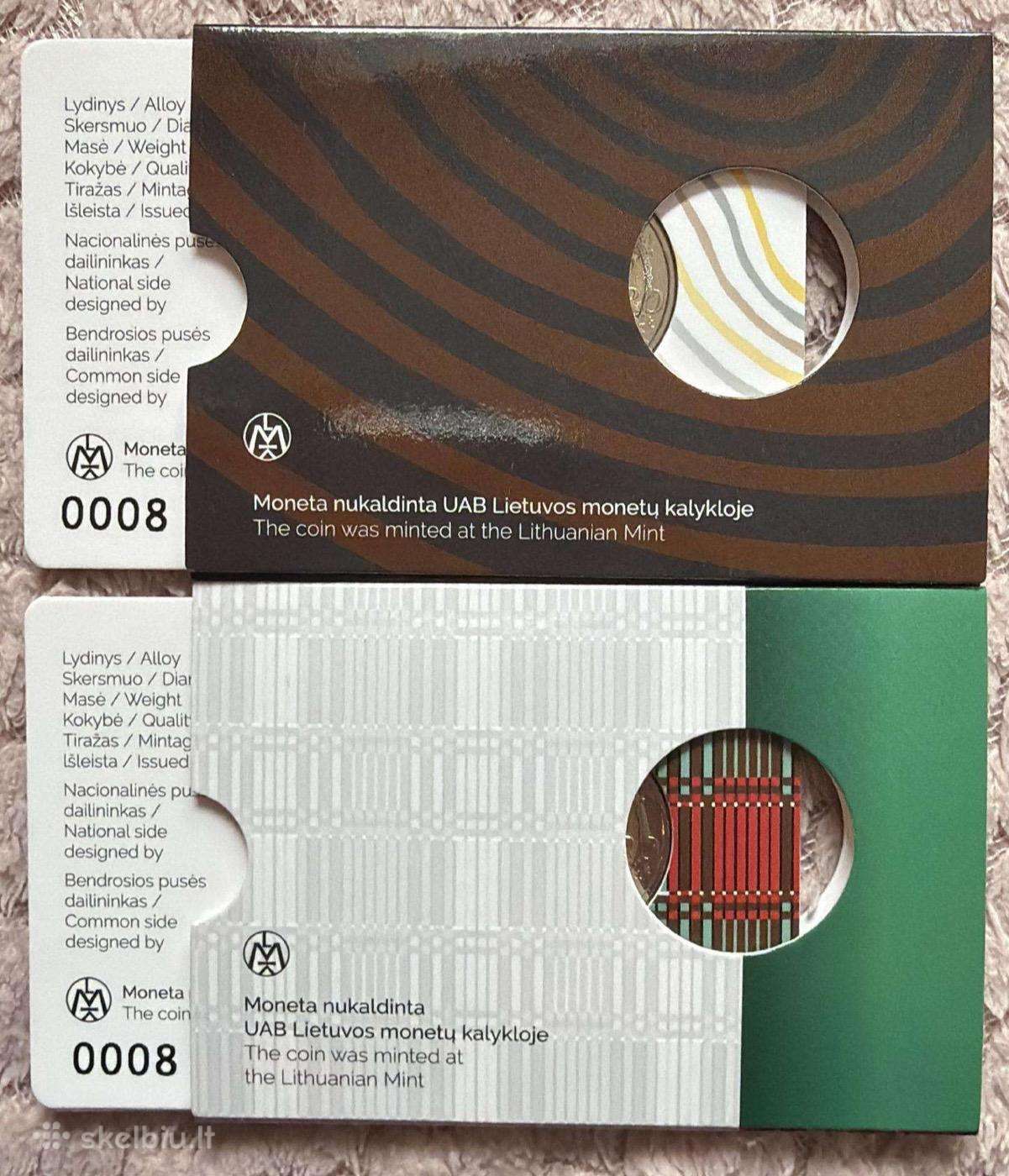 2 eur. monetos Bu kortelėse vienodais numeriais