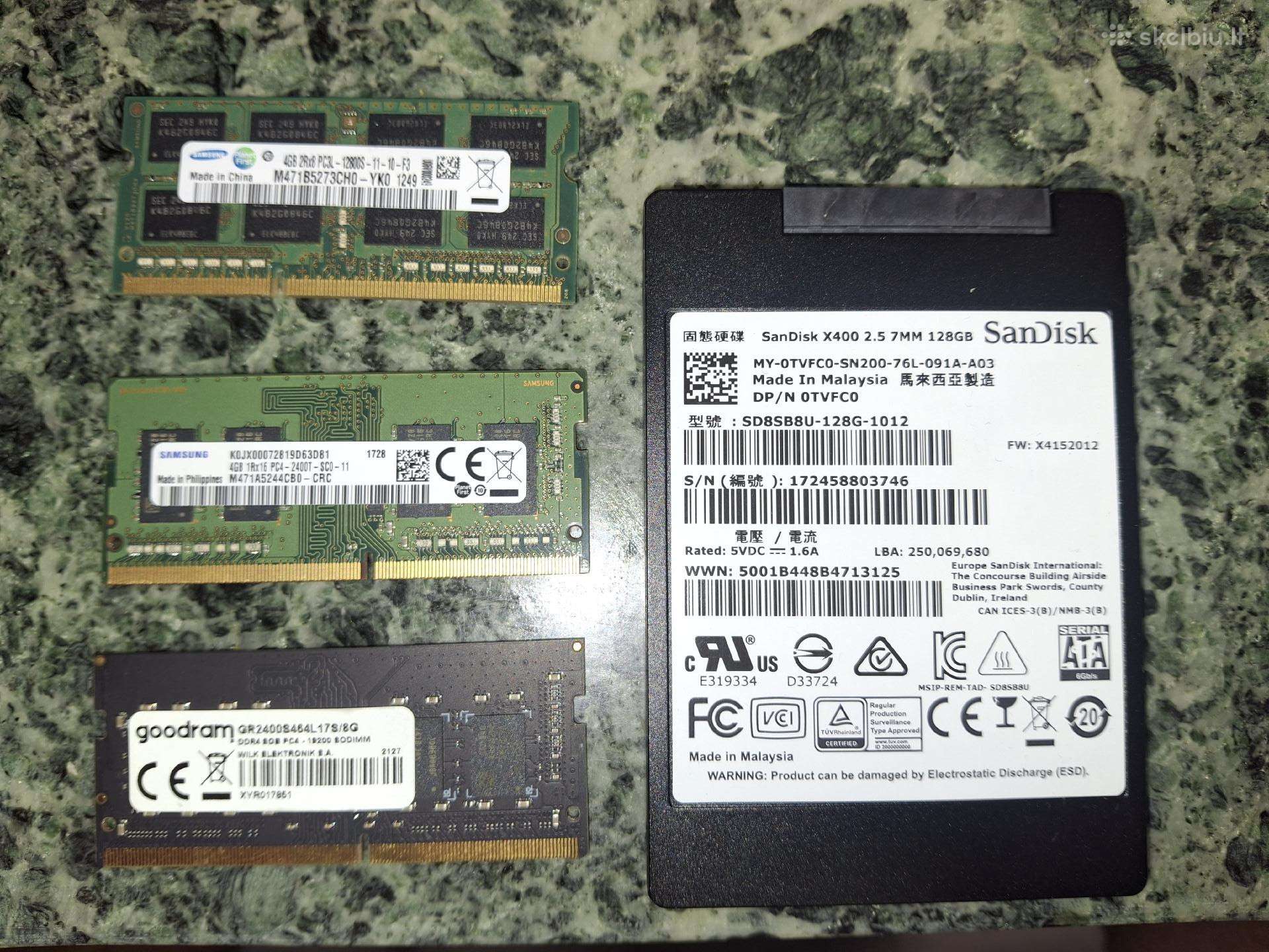 Laptopo RAM ddr4(8 ir 4gb), ddr3(4gb) SSD 128gb