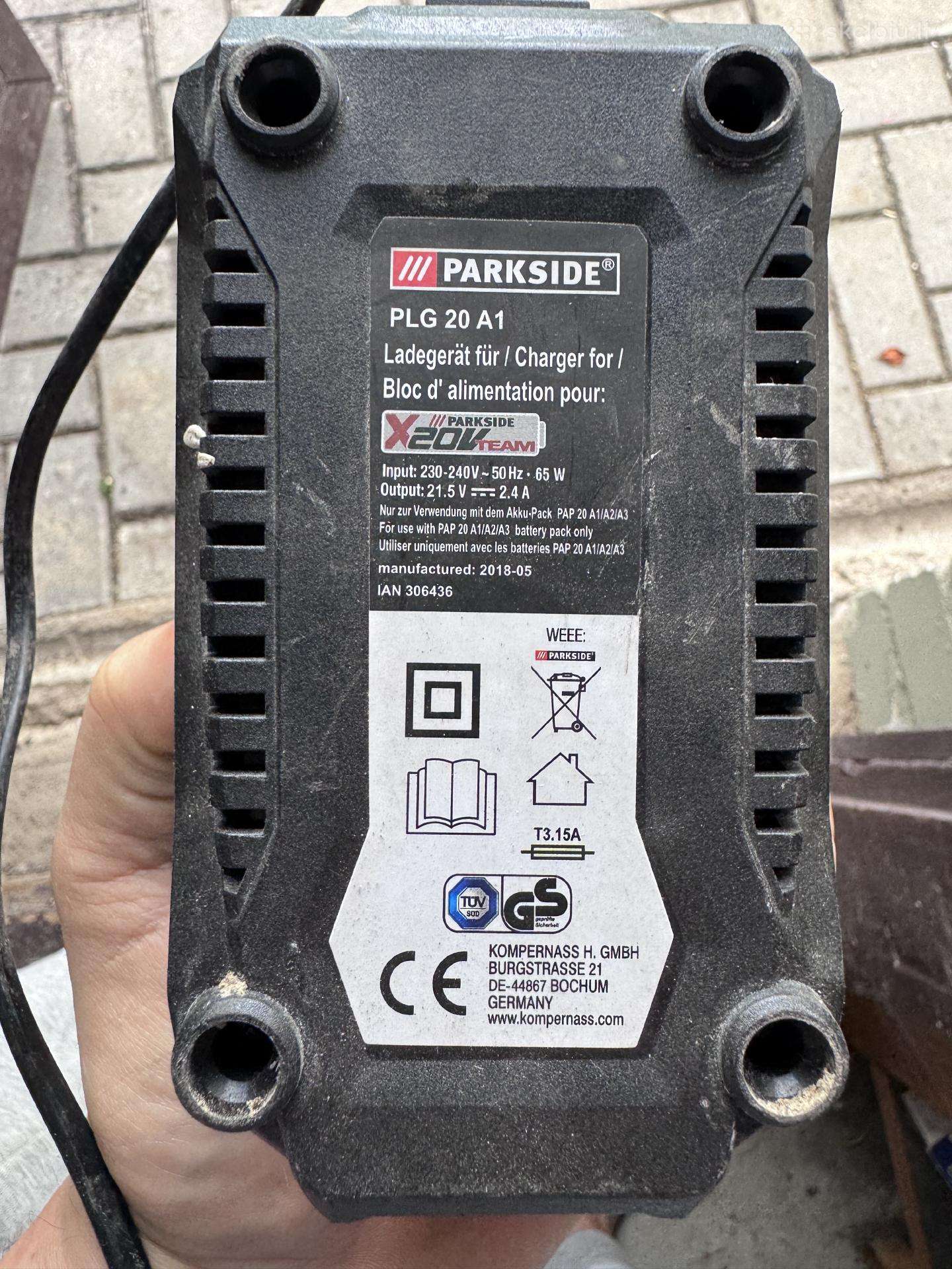 Parkside 20v baterija ir pakrovejas