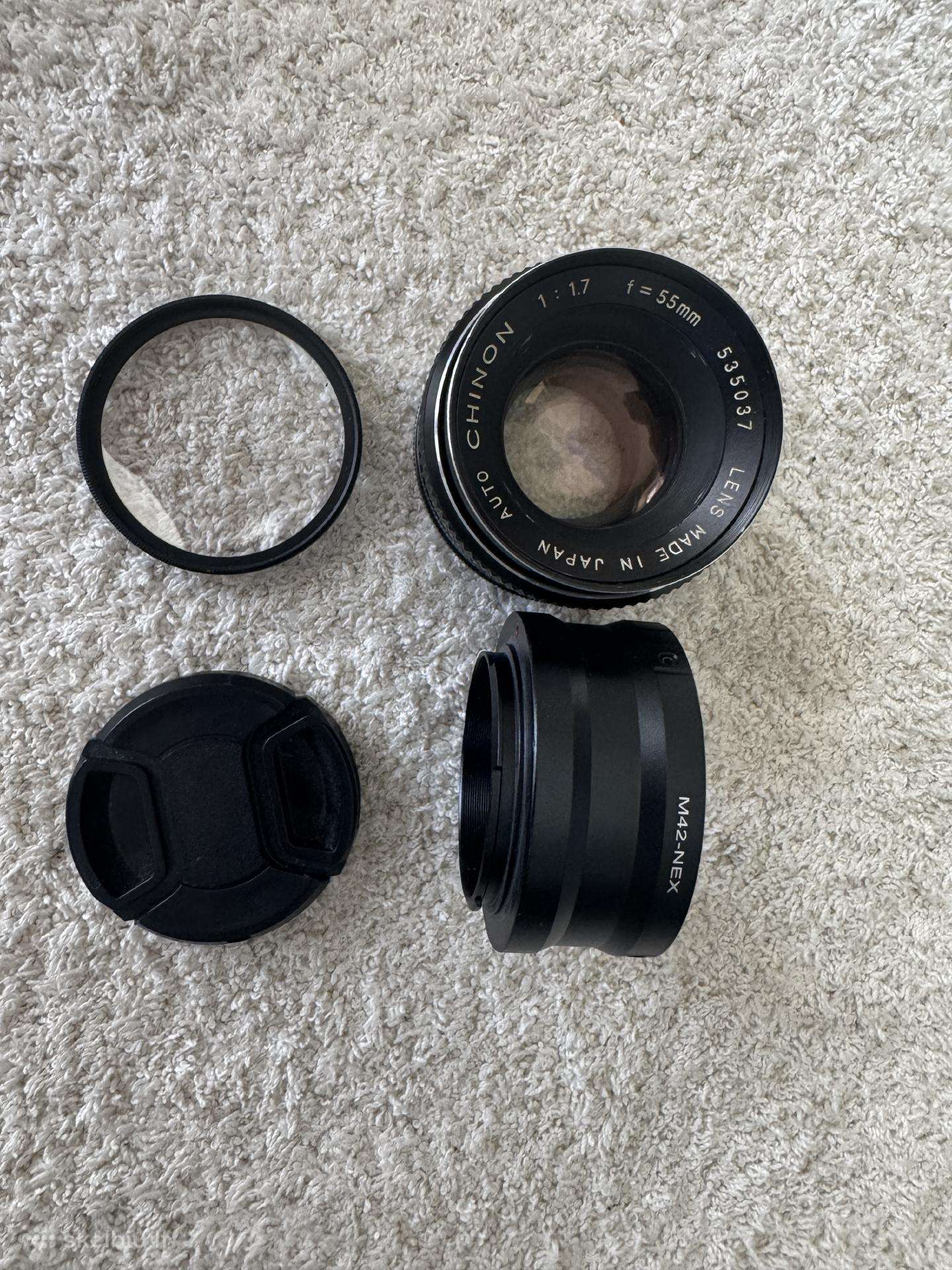 M42 Auto chinon f 1.7 55mm su M42-nex adapteriu