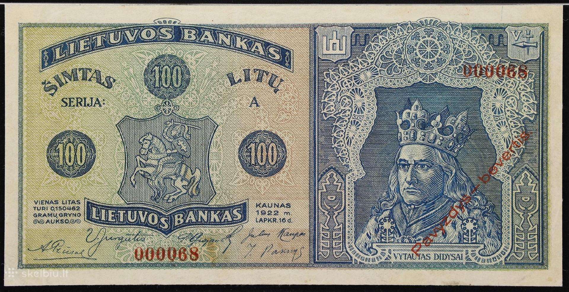 1922 M. 100 Litų Pavyzdys Bevertis