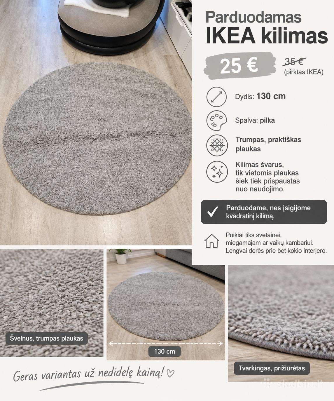 Pilkas apvalus Ikea kilimas - 130 cm