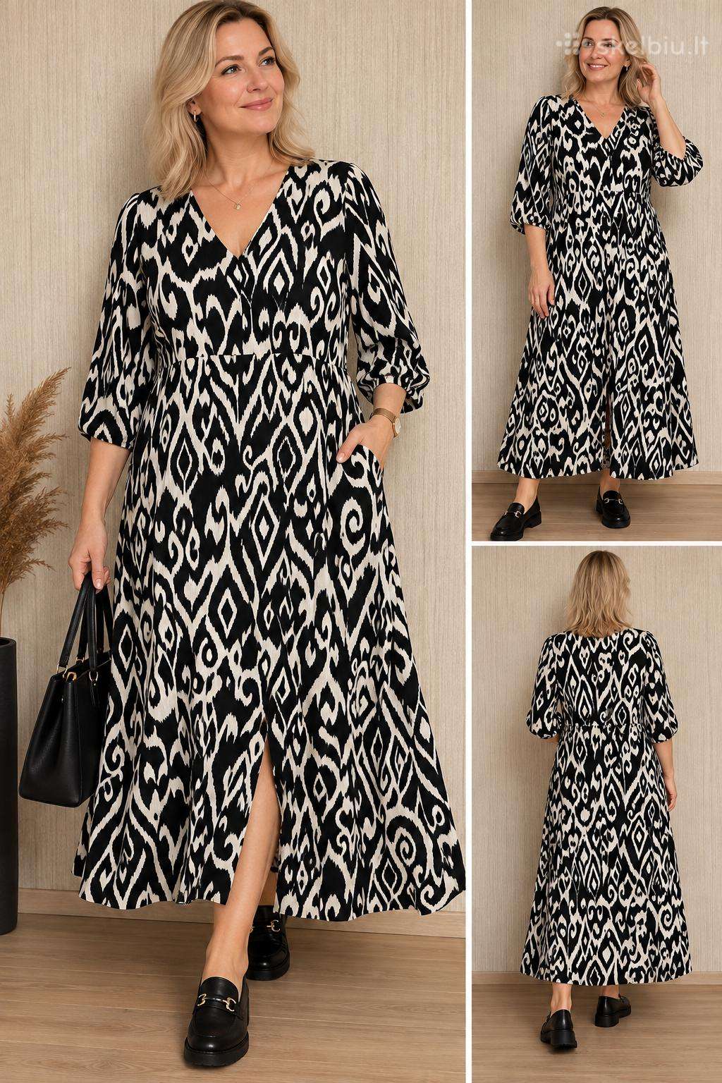 Juodai balta raštuota midi suknelė 5xl