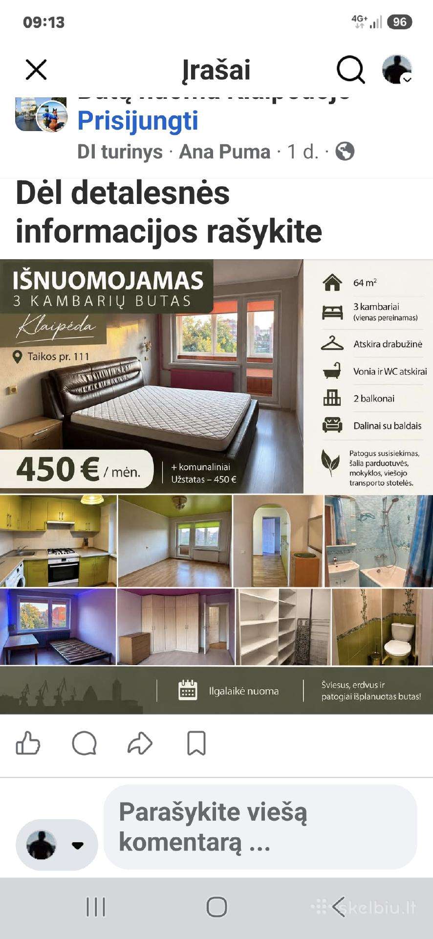Nuomojamas 3 kambarių butas Taikos pr. Klaipėdoje.