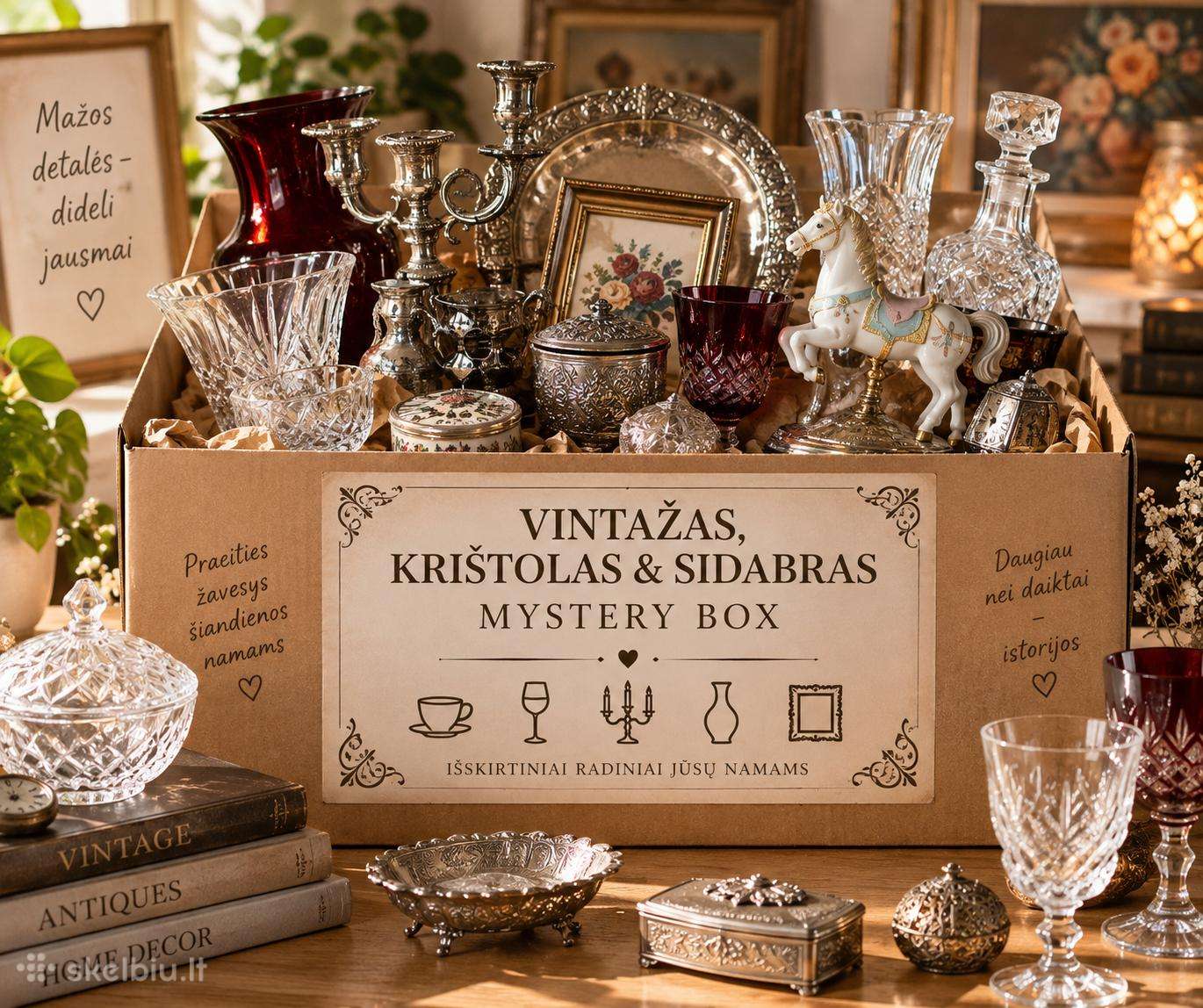 Mystery Box staigmenų dėžutė su vintage lobiais