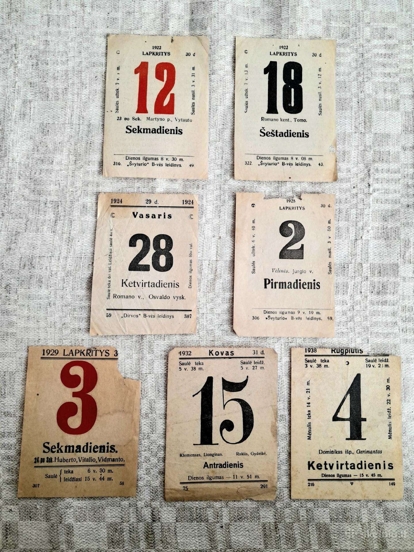 Prieškario kalendoriaus lapeliai 1922-1938m