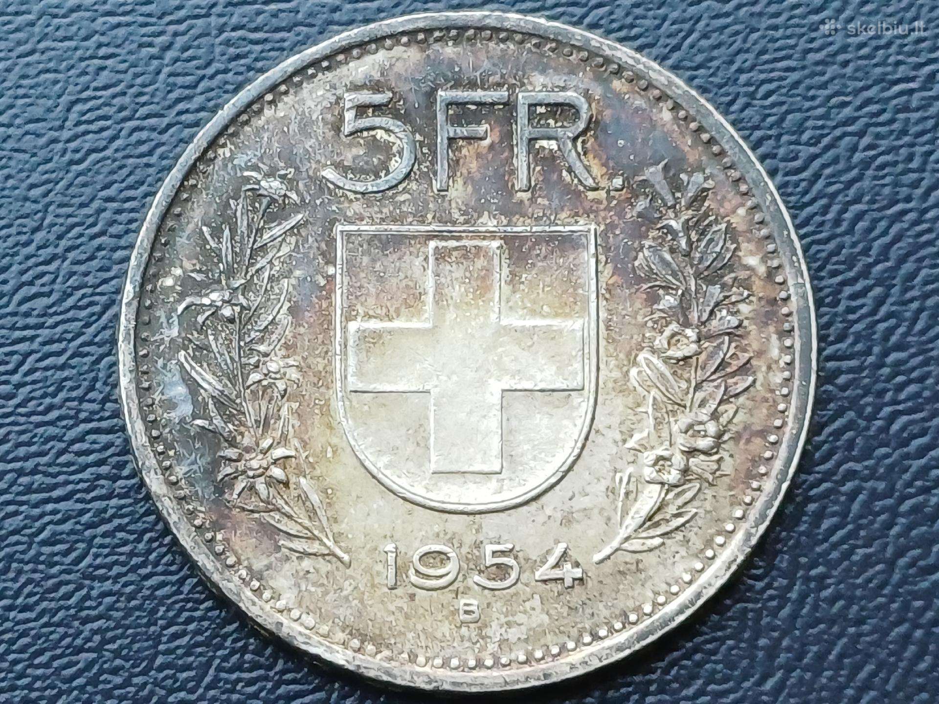 5 frankai 1954m. Šveicarija sidabras