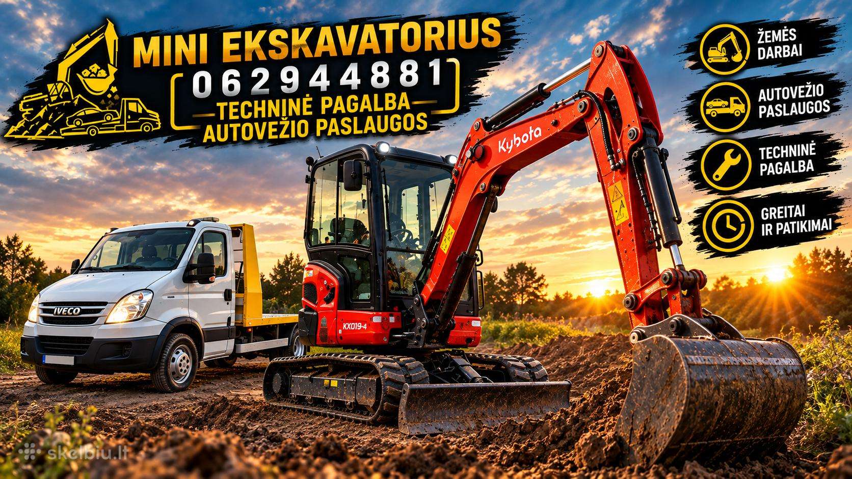 Mini ekskavatorius su operatoriumi