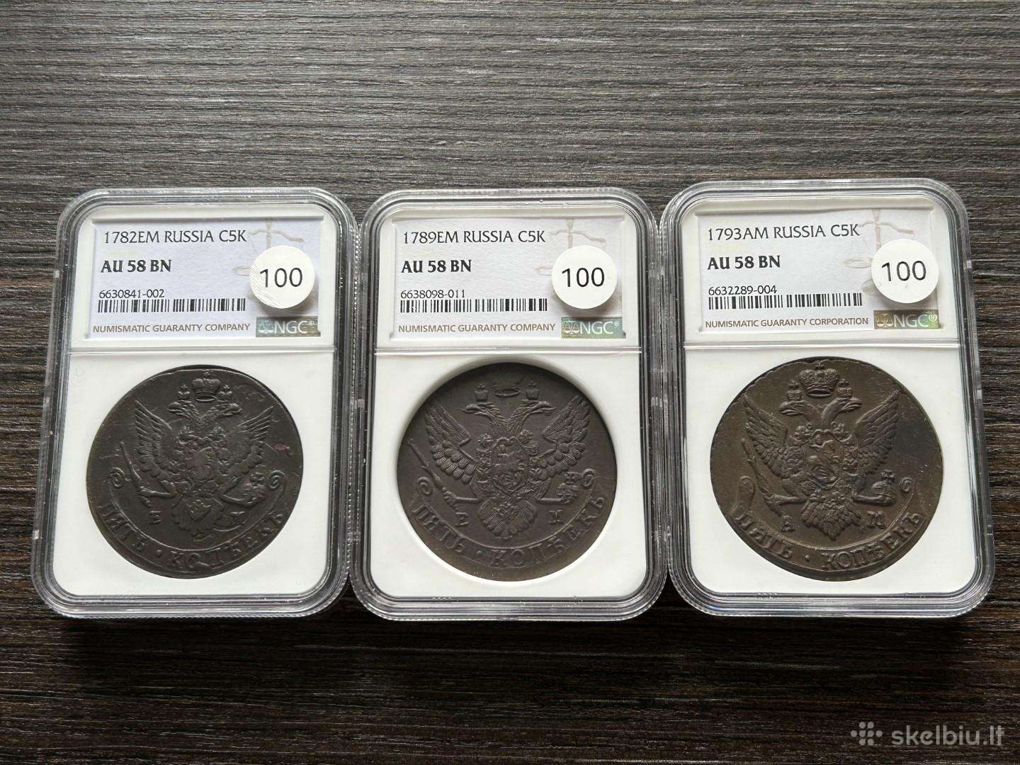 Rusija 5 kapeikos 1782, 1789, 1793 Ngc Au58 Bn