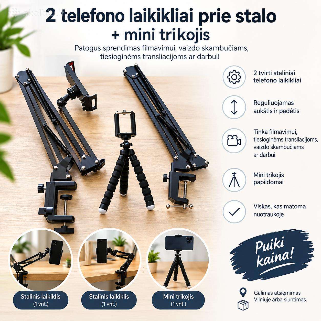 2 telefono laikikliai prie stalo + mini trikojis