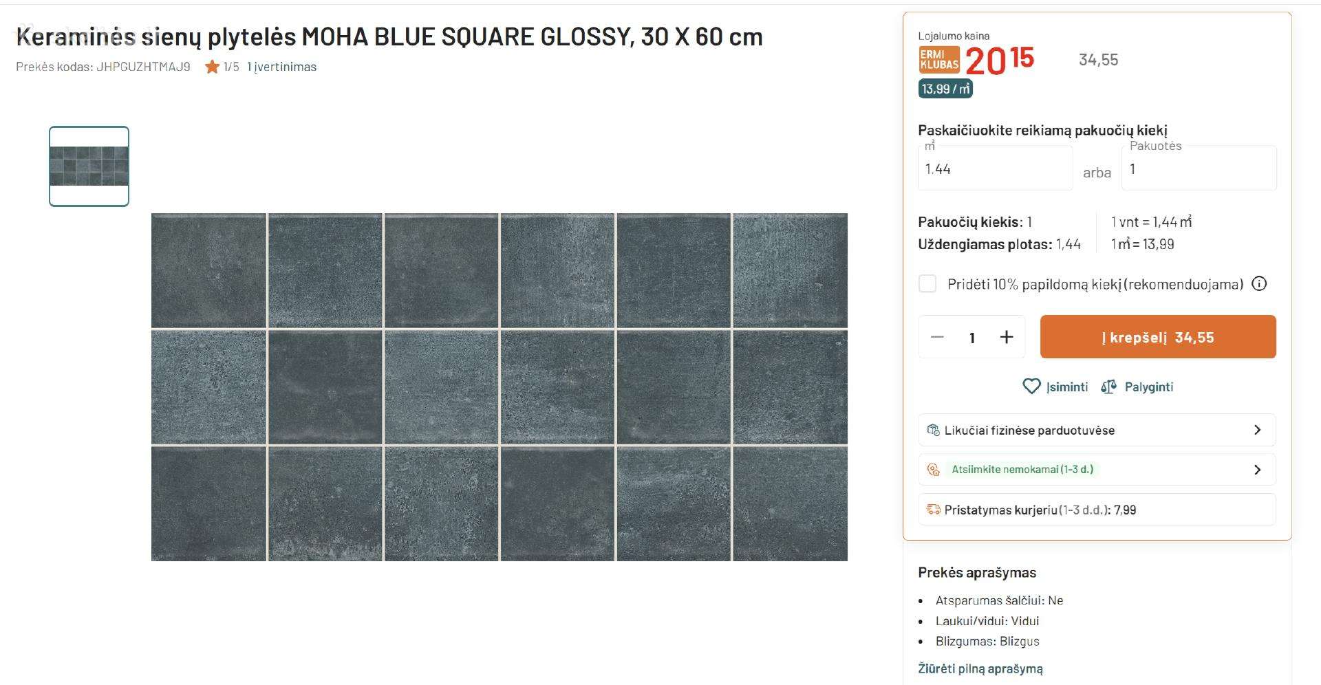 Keraminių sienų plytelių Moha Blue Square Glossy l