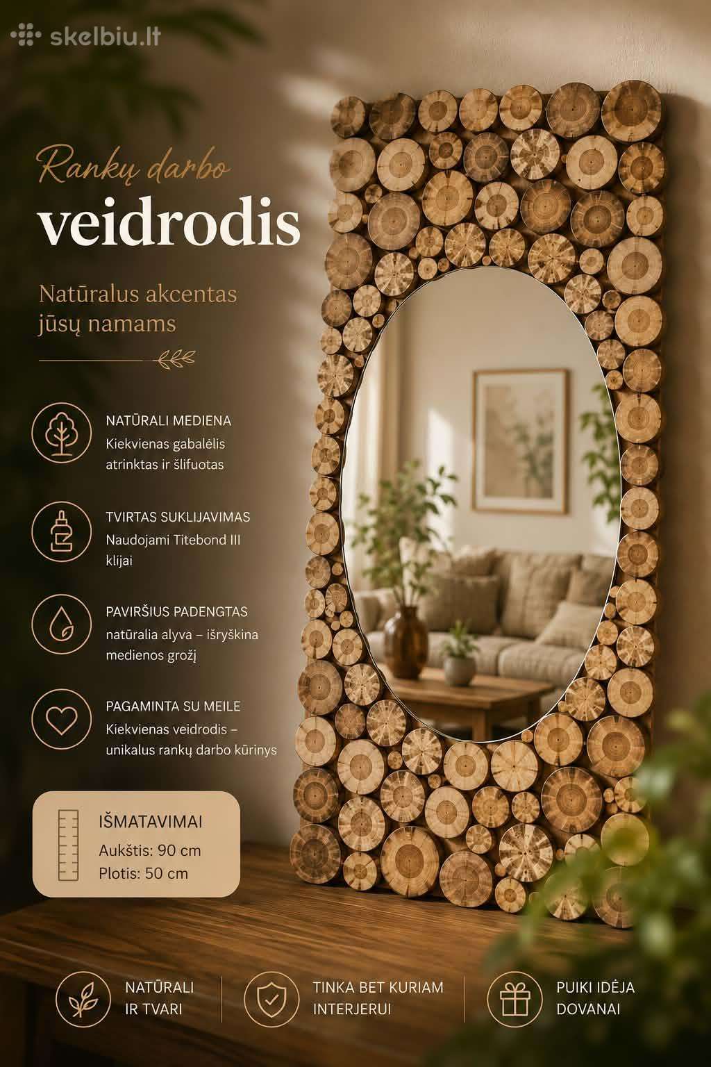 Rankų darbo medinis veidrodis natūralios medienos