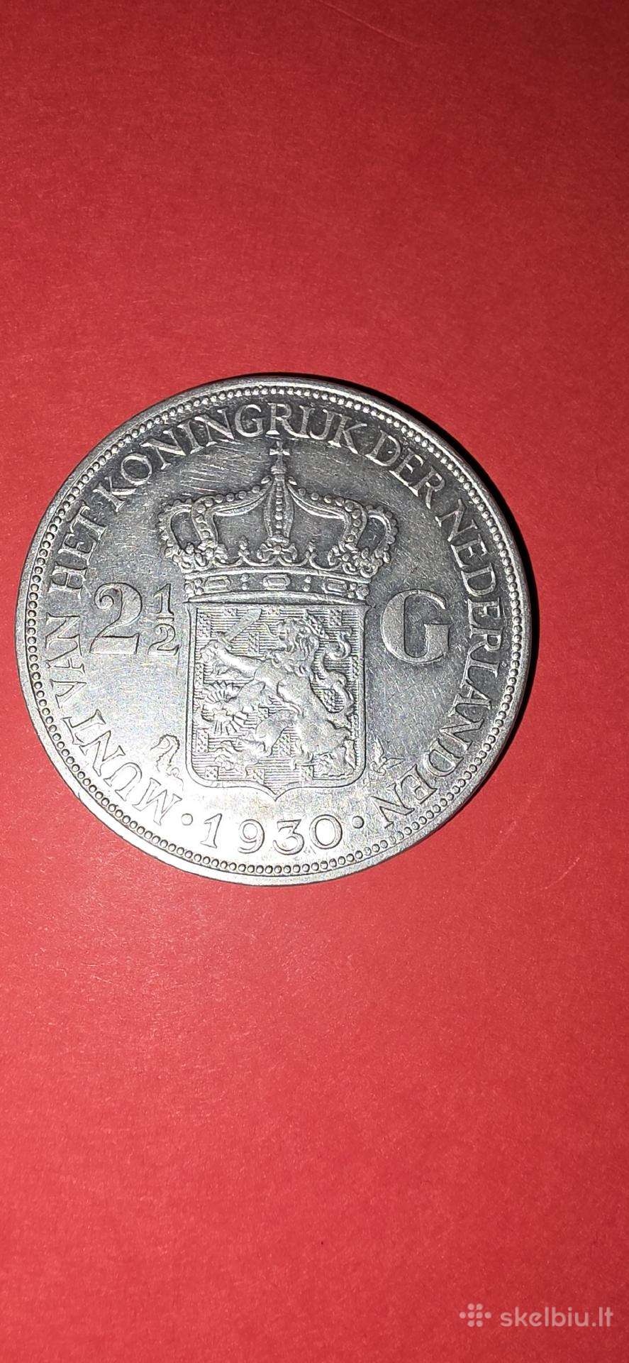Nyderlandai 2 1/2 guldeno 1930,sidabras 0,720