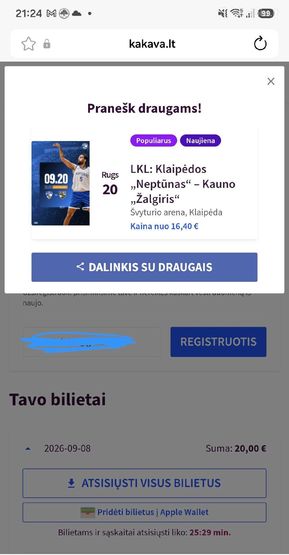 Bilietas Neptūnas-žalgiris 09.20