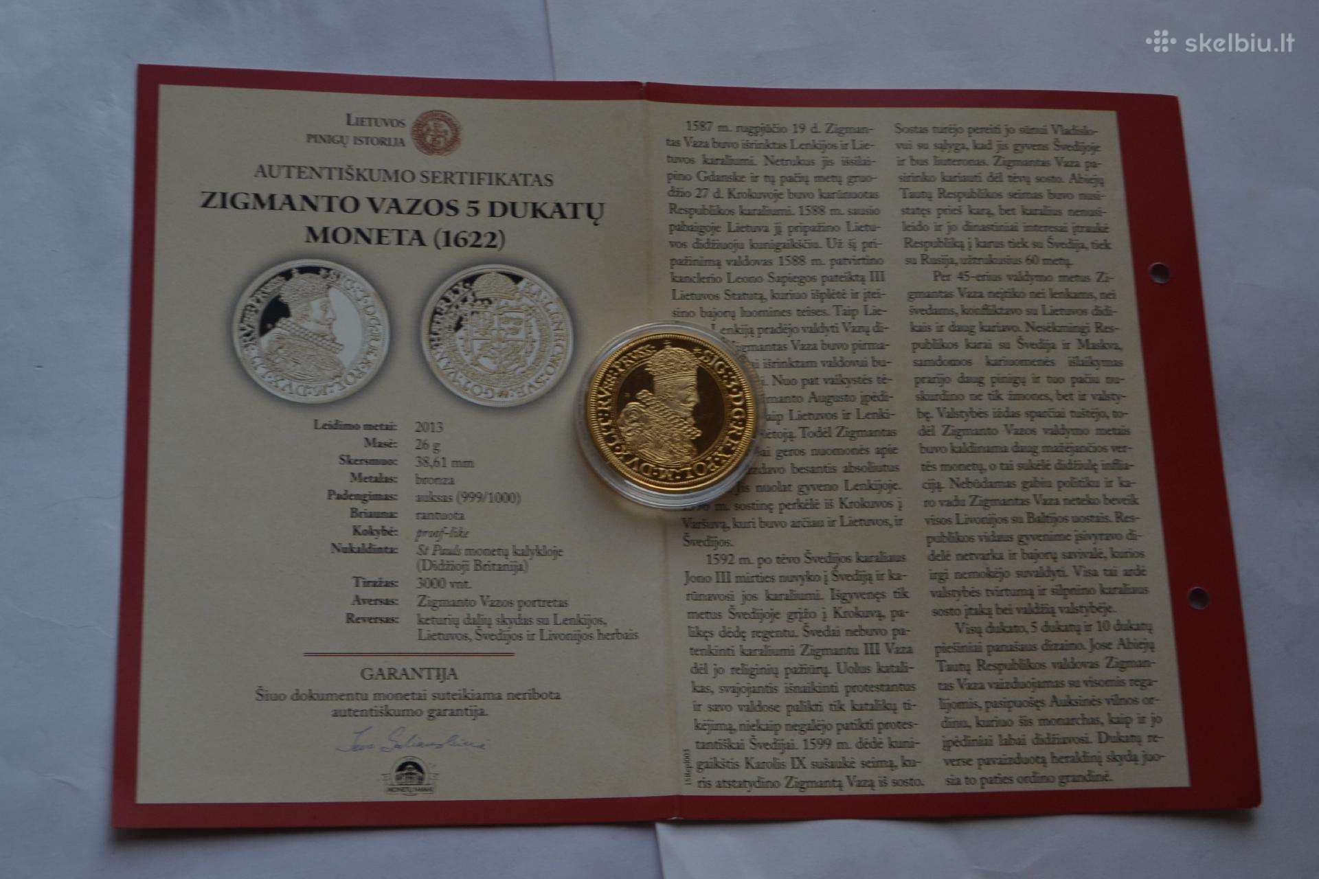Zygimanto Vazos 5 dukatu moneta1622