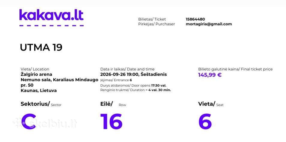 2 bilietai Utma 19