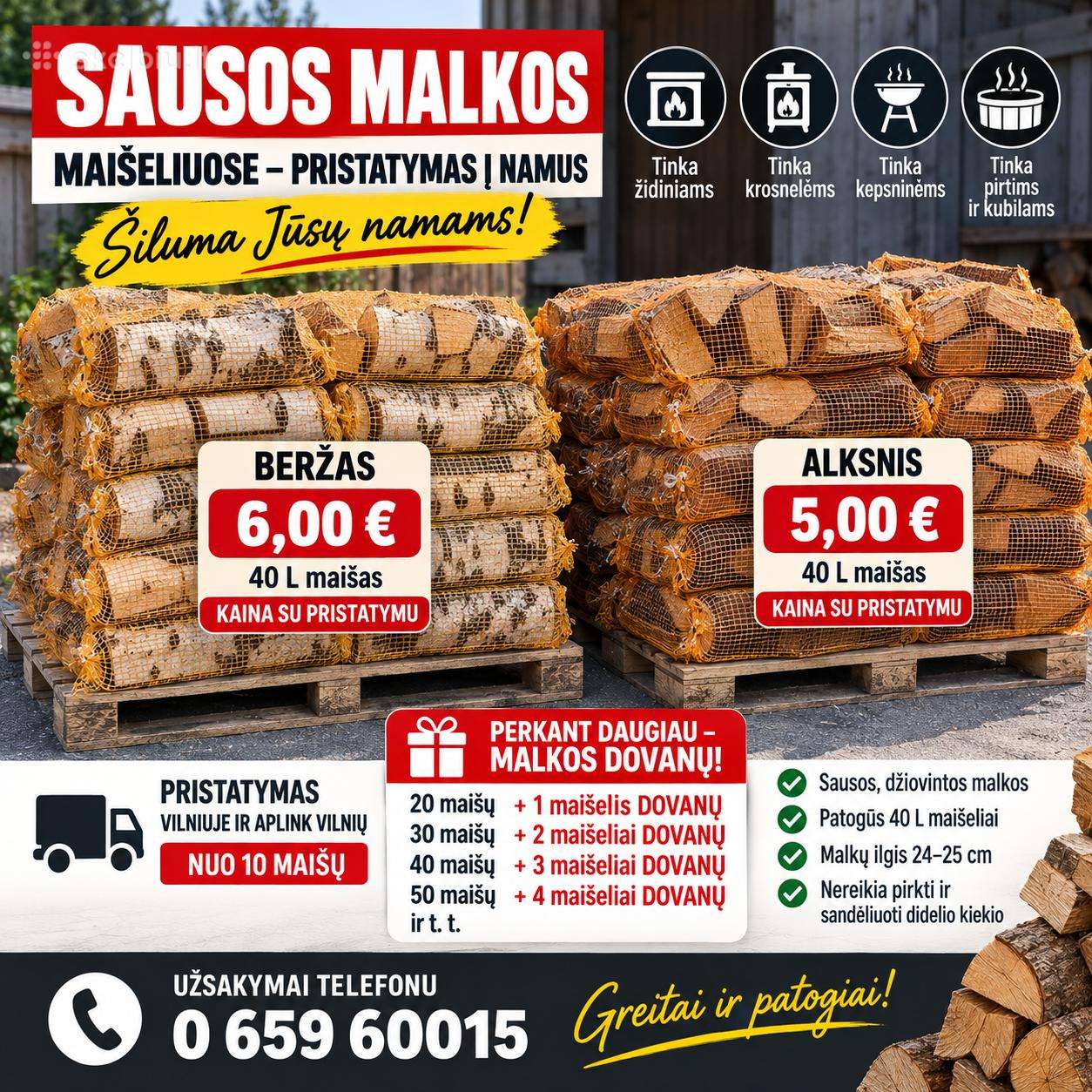 Sausos malkos maišeliuose - pristatymas į namus