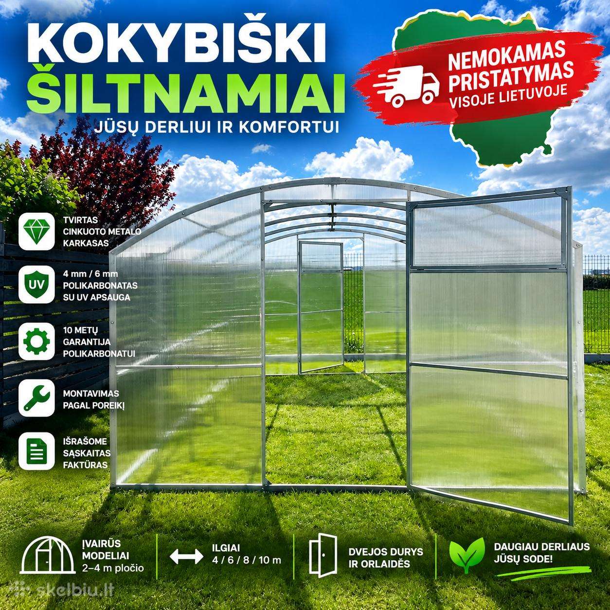 Tvirti šiltnamiai 2–4 m Nemokamas pristatymas