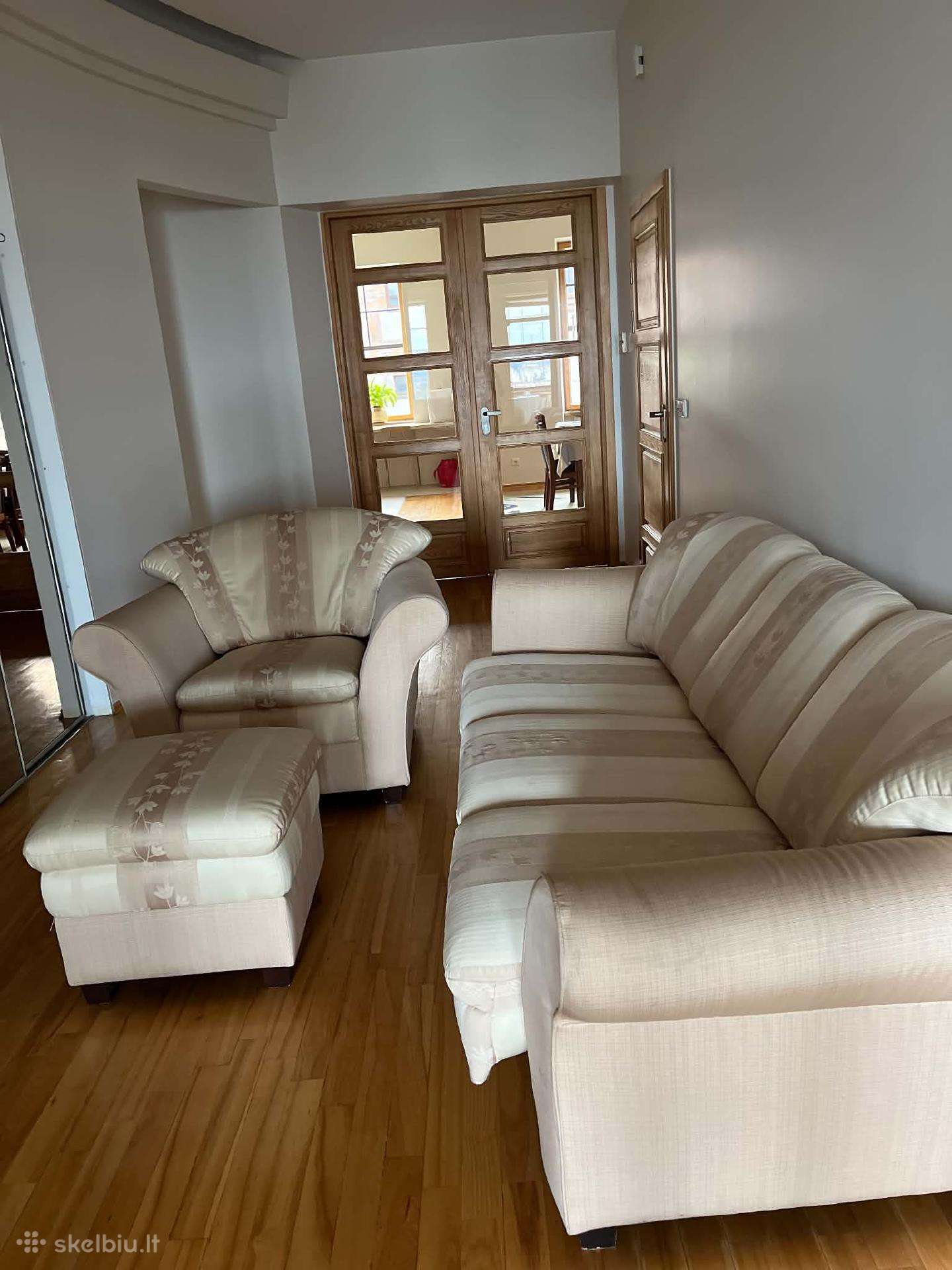 Svetainės sofa lova su pufiku ir foteliu