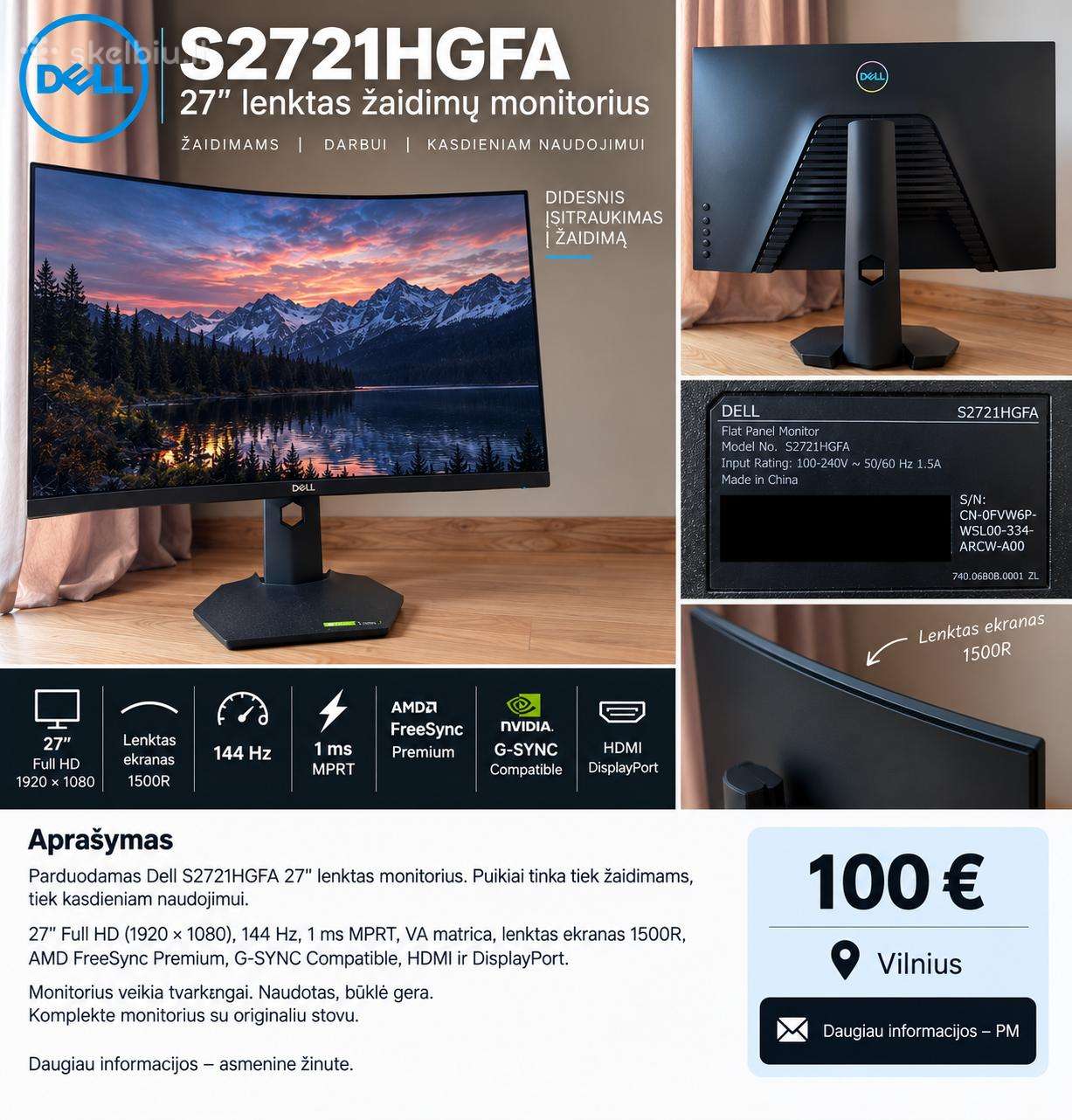 Monitorius Dell 27" S2721hgfa