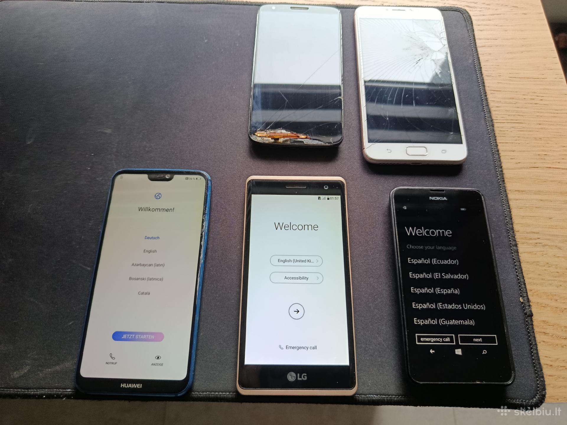 Įvairūs mobilieji telefonai su defektais