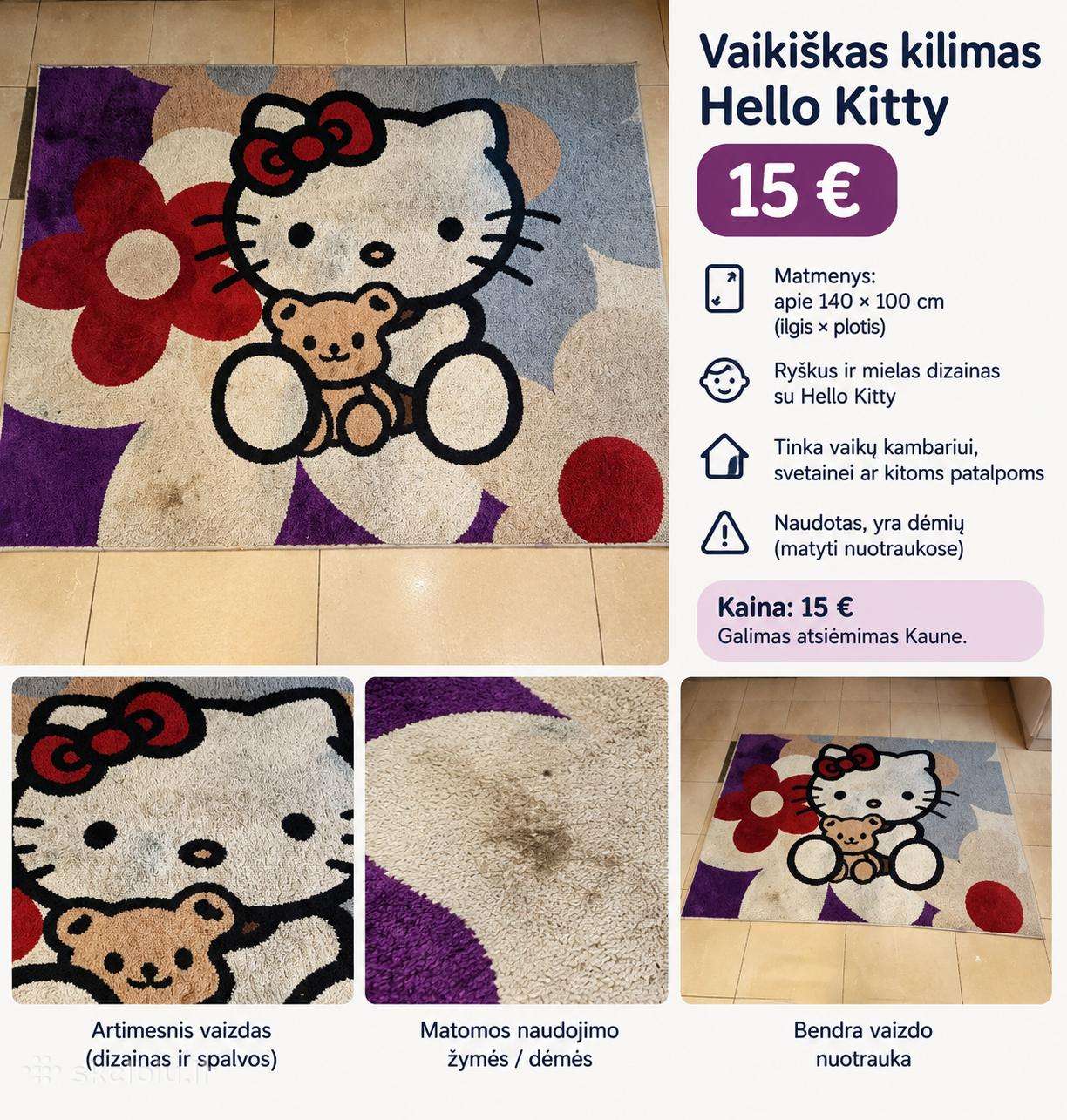 Parduodamas vaikiškas „Hello Kitty“ kilimas