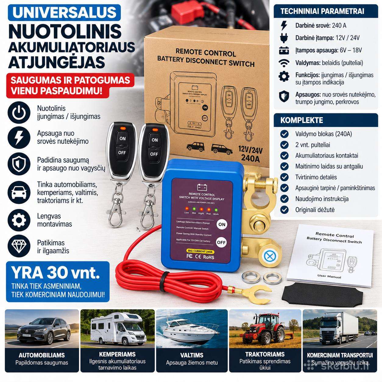 Akumuliatoriaus nuotolinis atjungėjas 12v 240a/500